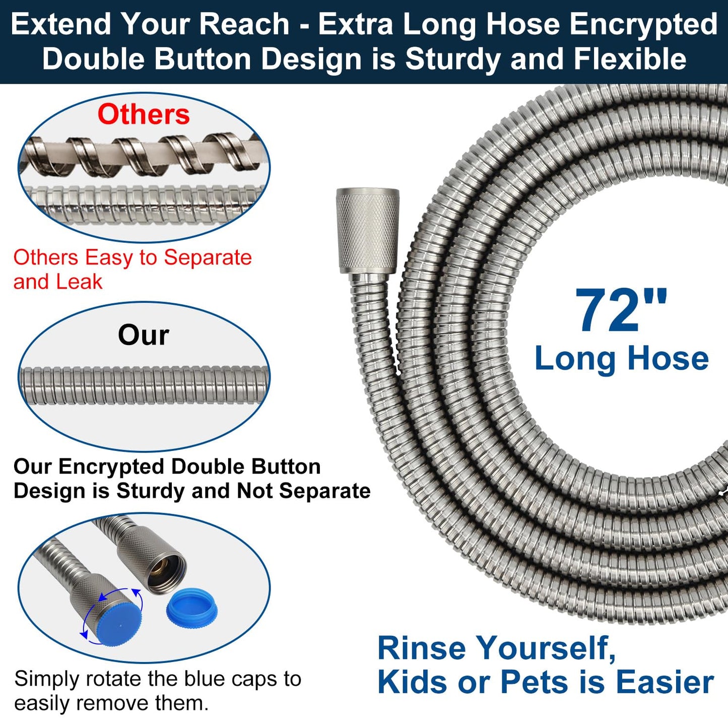 All Metal Handheld Shower Head with Brass Hand Showerhead Holder,1.75 GPM & 2.5 GPM High Pressure HandHeId Shower Head with Long Hose 72" Flexible Extension