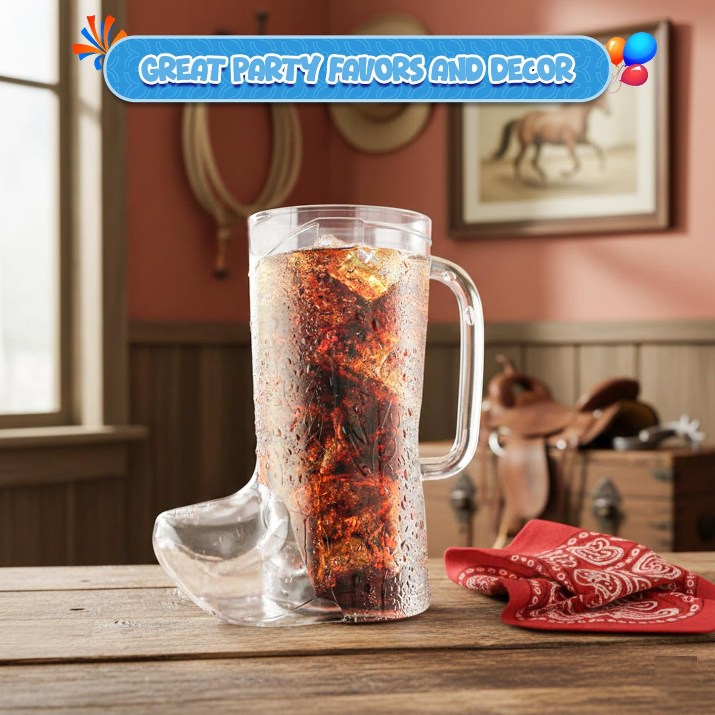 4E's Novelty 10Pcs Cowboy Boot Mug Cups (10 Pack) 17 oz Reusable Hard Plastic, BPA Free - for Cowboy Themed Party Supplies, Western Accessories