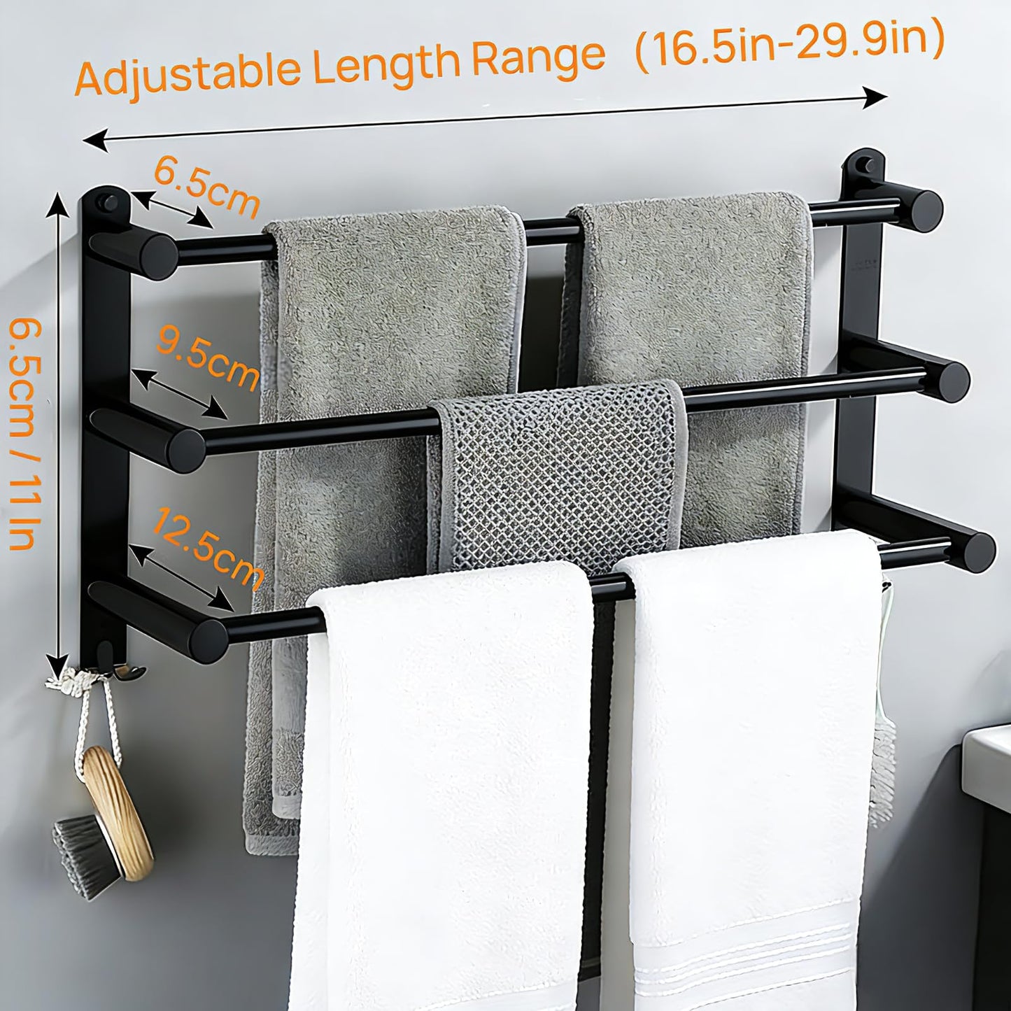 SUS304 Three Bar Adjustable Towel Rack, Expandable Range:16.5 Inches to 29.9 Inches, Bathroom Towel Holder with Double Hooks,Two Installation Methods:Drillinstallation and No-drill Installation(Black)