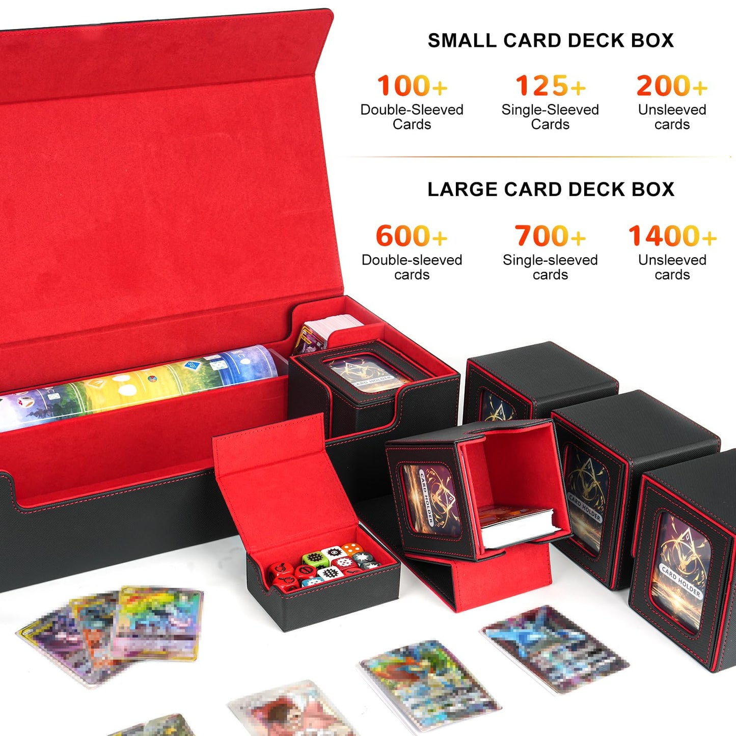 Jaffzora Card Deck Box for MTG Commander, Large 6 in 1 Card Storage Display Case with 5PCS TCG Deck Boxes & Dice Tray, Holds 2400+ Unsleeved Trading Cards (Black&Red Set)