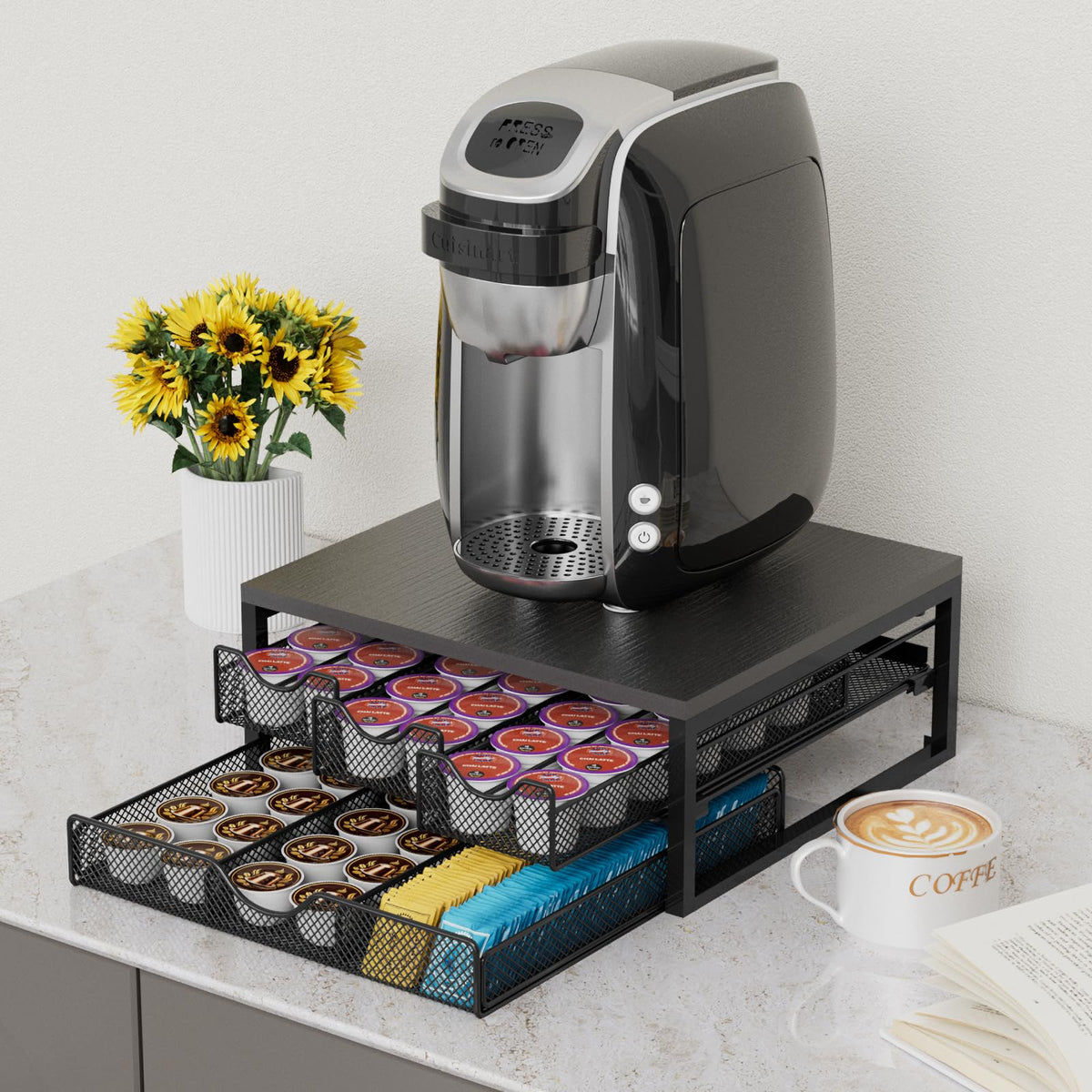 Coffee Pod Holder For Counter, 3 Pull-Out 72 K-Cup Holder Drawer, Wooden Cafe Pods Storage Organizer with Sliding Drawers for Coffee Station, Home, Kitchen, Office, Dorm, Black (Black)