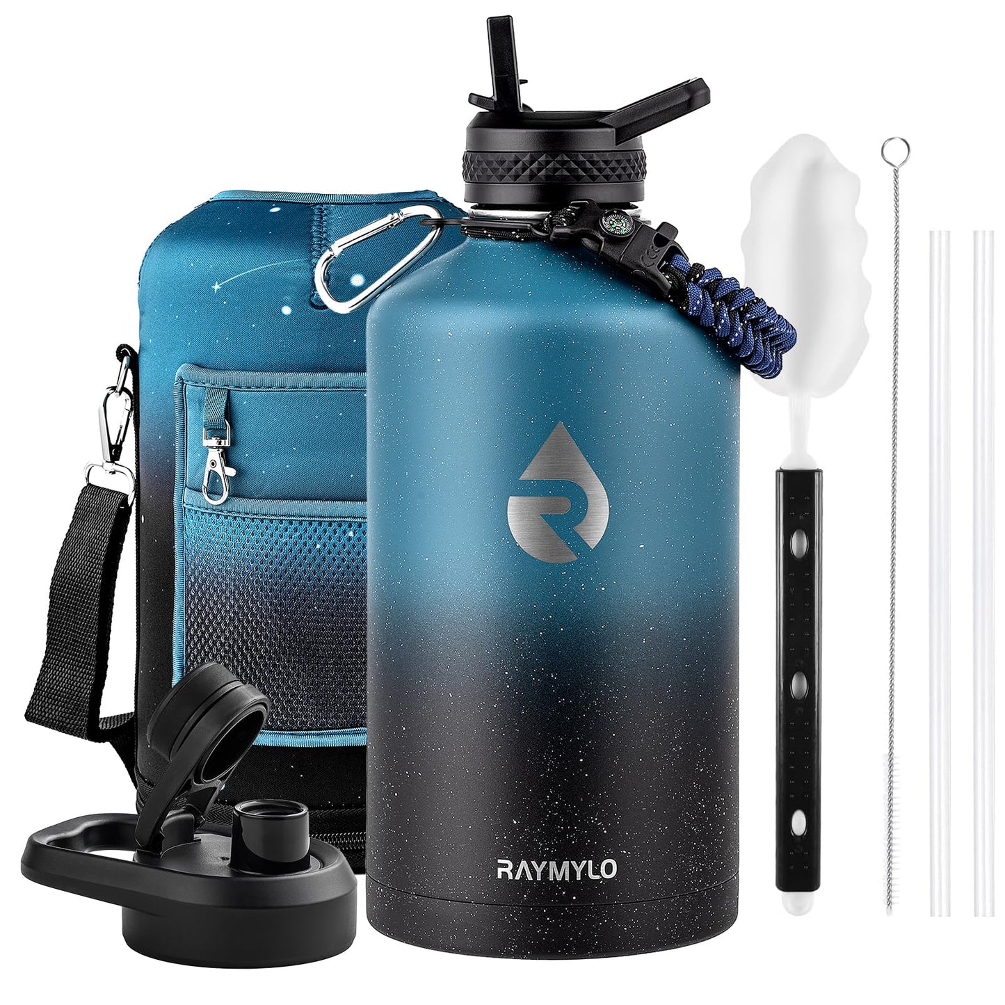 RAYMYLO 128oz Insulated Water Bottle, Triple Wall Vacuum Stainless Steel Water Bottles - Keeps Cold 48H, Reusable One Gallon Jug for Gym, Sports, Camping, Hiking,Travel, Starry Sky-Indigo/Black