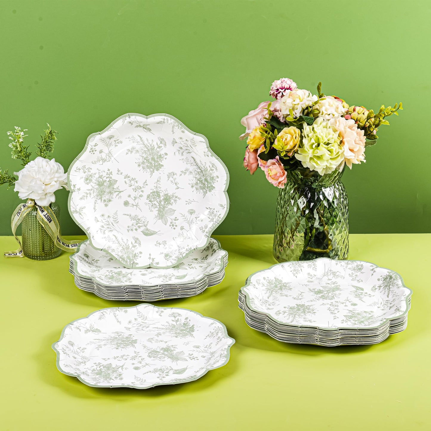 Elyxio Sage Green Floral Party Plates White Green Toile Disposable Paper Plates Flower Leaf 9" Scalloped Edge Dinner Plates for Bridal Baby Shower Wedding Tea Party Supplies Table Decor (48)