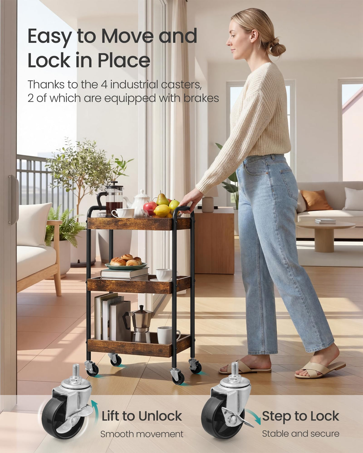 SONGMICS 3-Tier Rolling Cart on Wheels, Kitchen Storage Utility Cart for Bedroom, Bathroom, Study, MDF Shelves with Metal Frame and Handles, 27.5 x 41.3 x 73 cm, Rustic Brown ULRC081KD01
