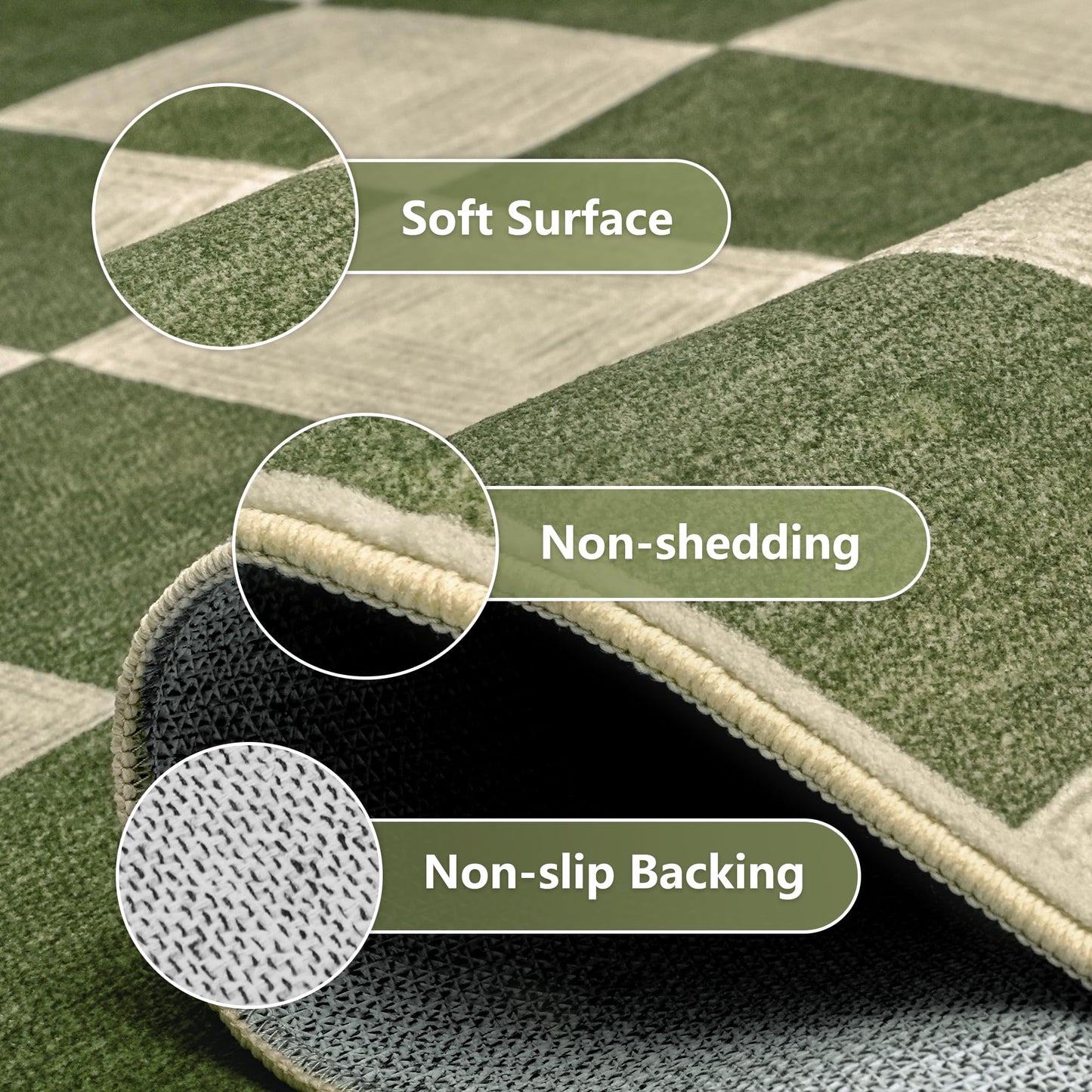 Kiginara Washable Green Checkered Rug 5x7, Non-Slip Low Pile Area Rug for Living Room, Bedroom, Nursery, Modern Neutral Farmhouse Checkerboard Carpet, Pet & Kid Friendly