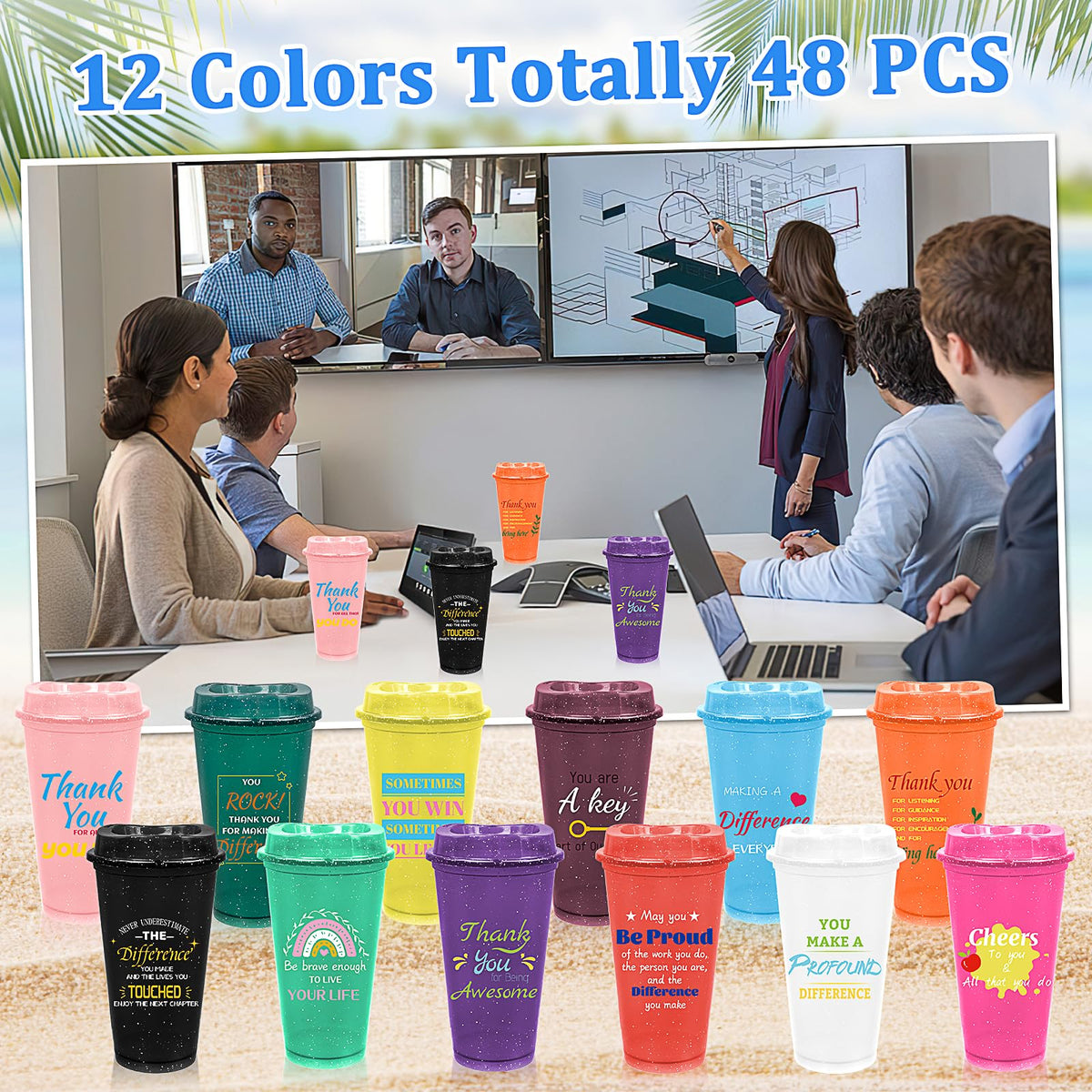 48 Pcs Thank You Gifts Coffee Cups 16 oz Employee Appreciation Gift Glitter Tumbler with Lid Reusable Plastic Coffee Mug Bulk for Coworker Staff Teacher Team Christmas Gift,12 Colors