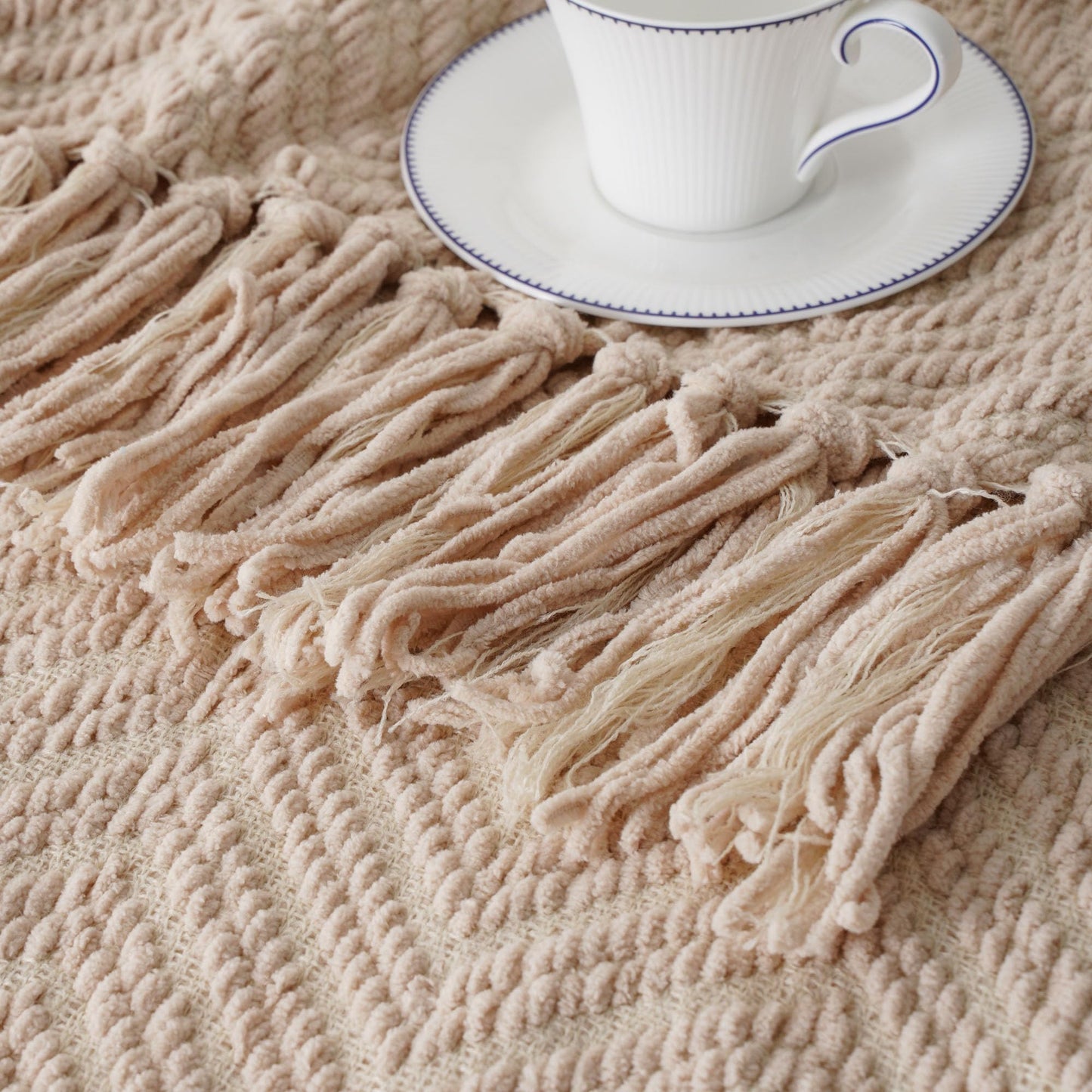 BATTILO HOME Beige Throw Blankets for Couch Bed Sofa, Textured Solid Soft Knitted Throw Blanket with Tassels, Warm Cozy Couch Blanket Large Bed Throws, 60"x80"