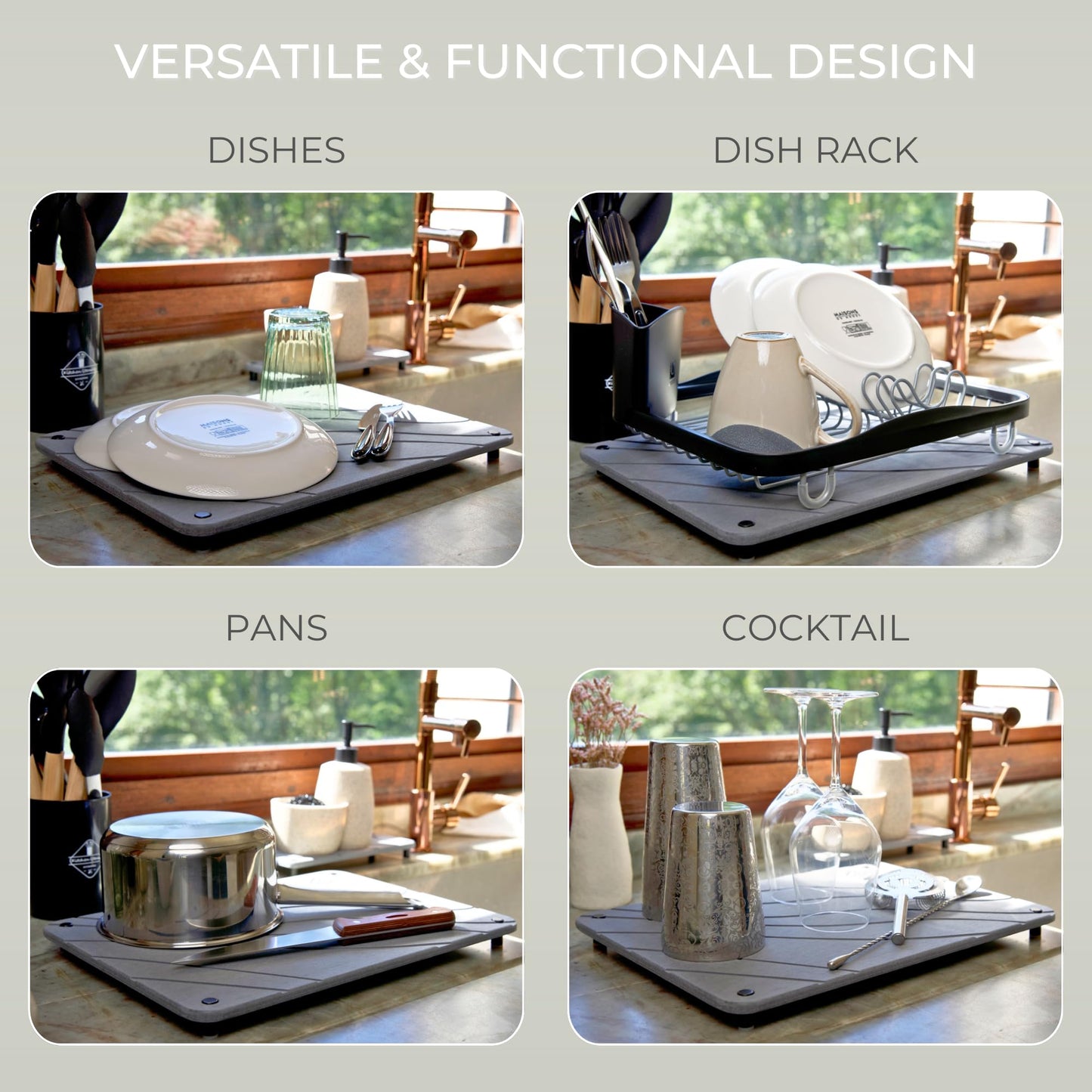Natureva Stone Dish Drying Mat - Super Absorbent, Quick Dry Diatomite Mats for Kitchen Counter - Made of Natural Diatomaceous Earth Absorbing Water Instantly - Flow - Graphite