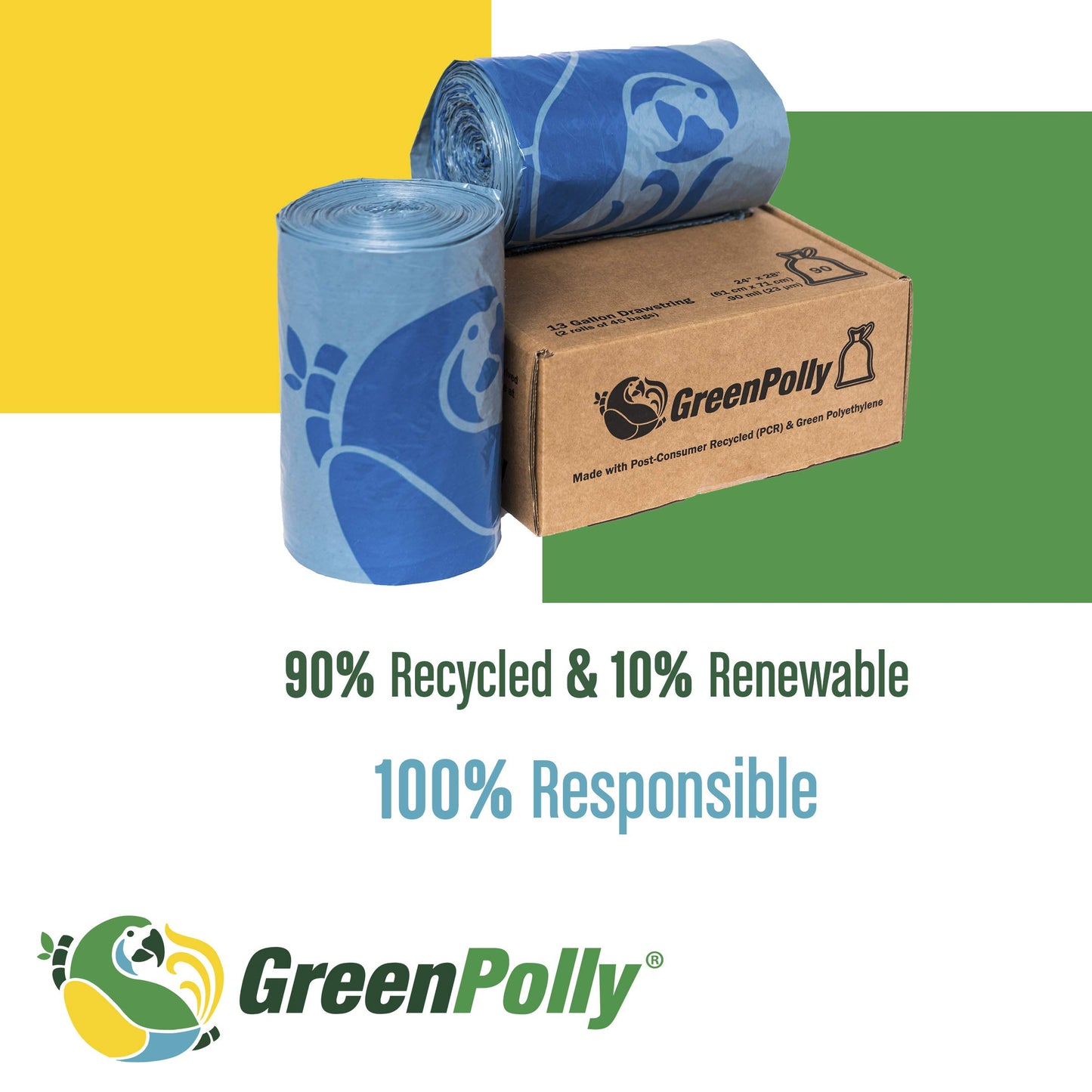 GreenPolly Clear Tall Kitchen Recycling Bags with Drawstring, 13 Gallon, 240 Count, Made from Recycled and Renewed Material, Heavy Duty and Durable