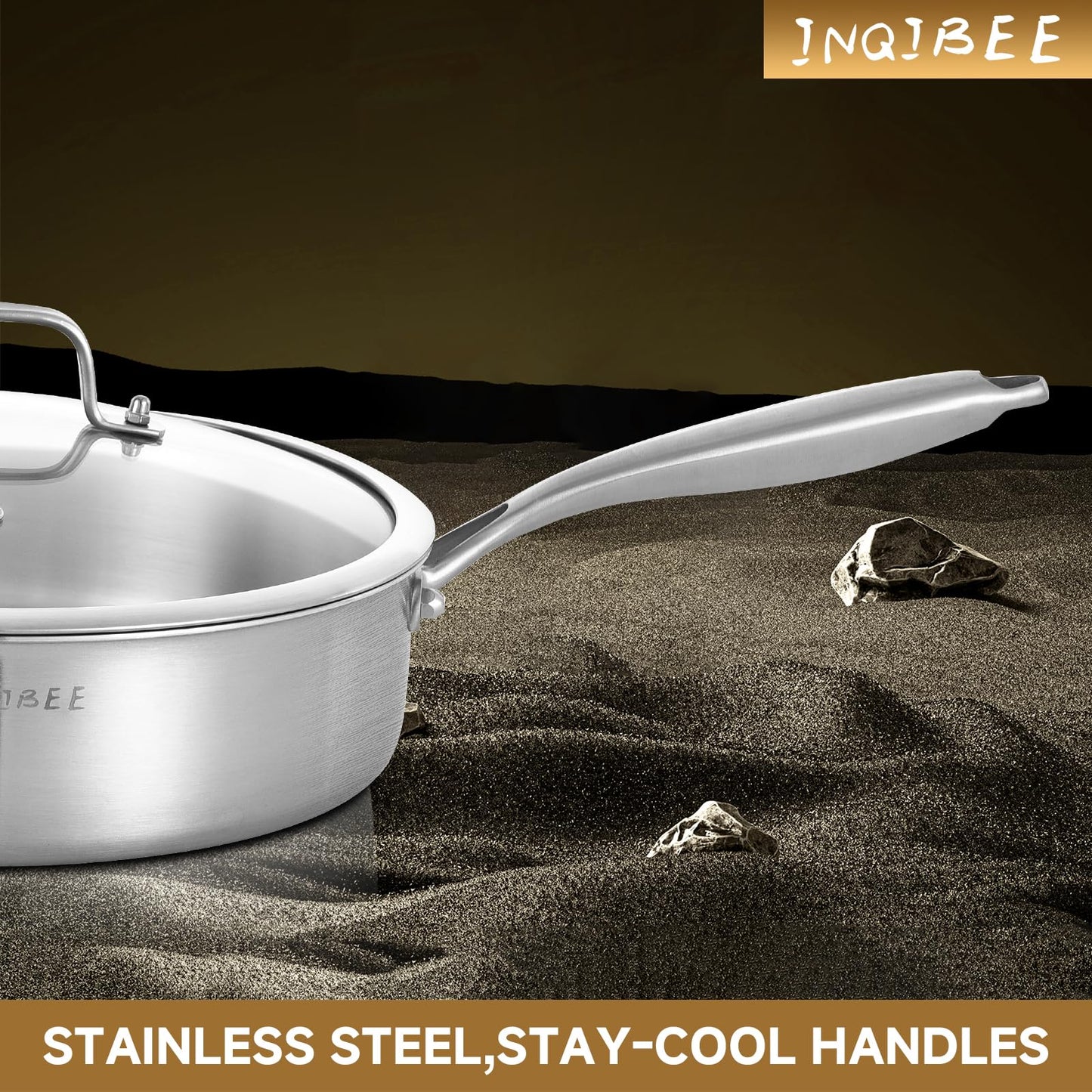 Inqibee Tri-Ply 5.5 Quarts Stainless Steel Sauté Pan with Lid,12 Inch Induction Deep Frying Pan,Large Skillet,Jumbo Cooker,Dishwasher and Oven Safe,Detachable Handle.