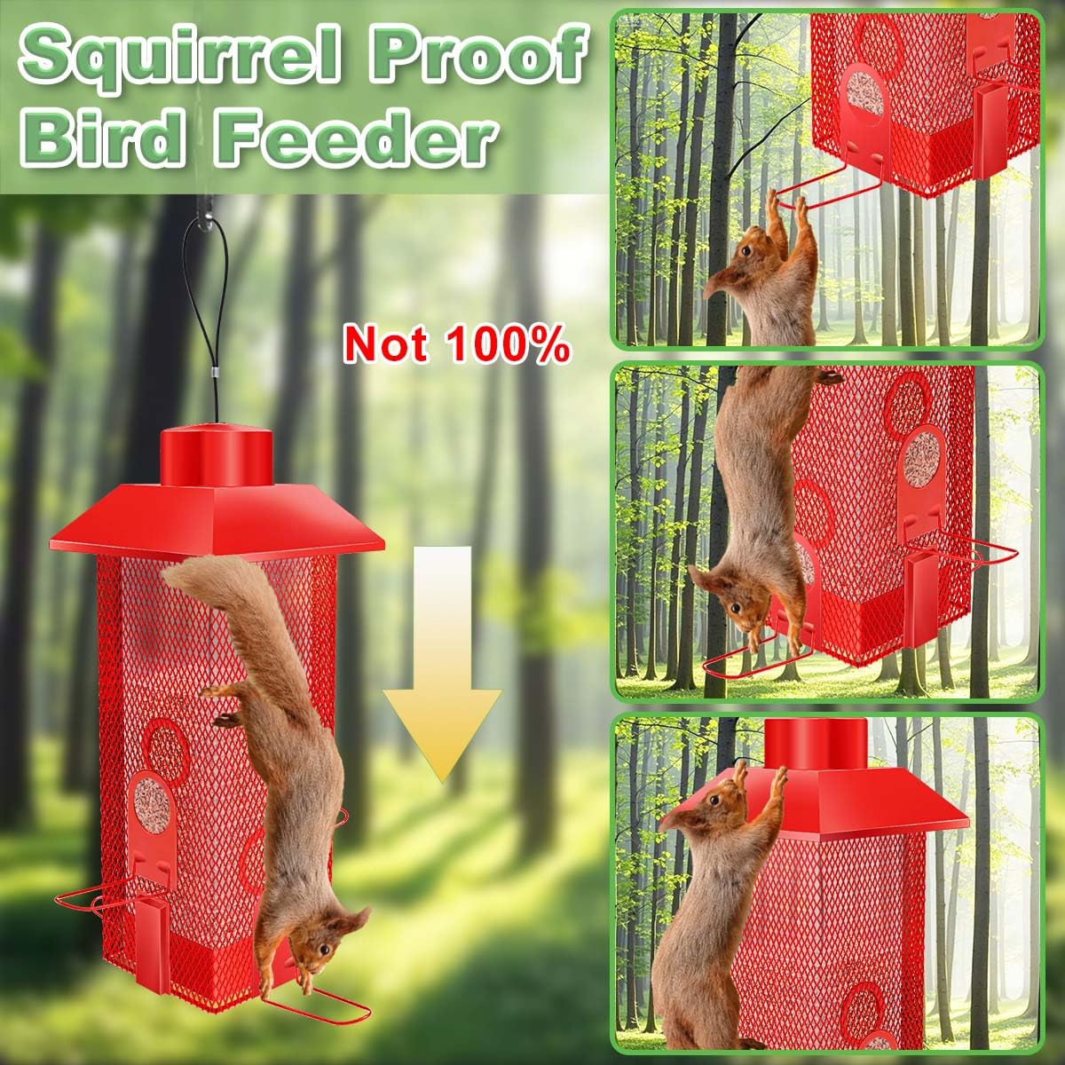 Squirrel Proof Bird Feeder,2.5Lbs Bird Feeders for Outdoors Hanging, Metal Birds Feeder with 4 Feeding Ports, Wild Birds Feeder for Cardinal, Finch, Sparrow (Red)