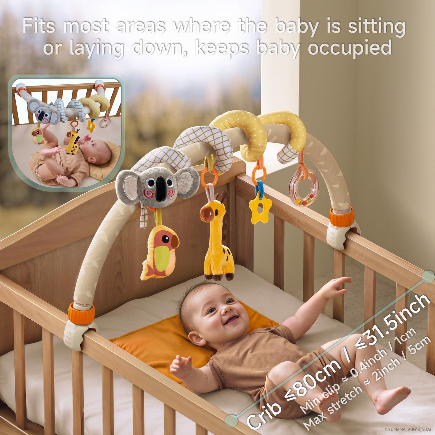 TUMAMA 2 in 1 Spiral Arch Car Seat Toys for Babies 0 3 6 9 12 Months Stroller Toy Baby Hanging Toys with Clip Adjustable Detachable Sensory Travel Crib Bouncer Bassinet Activity Toys