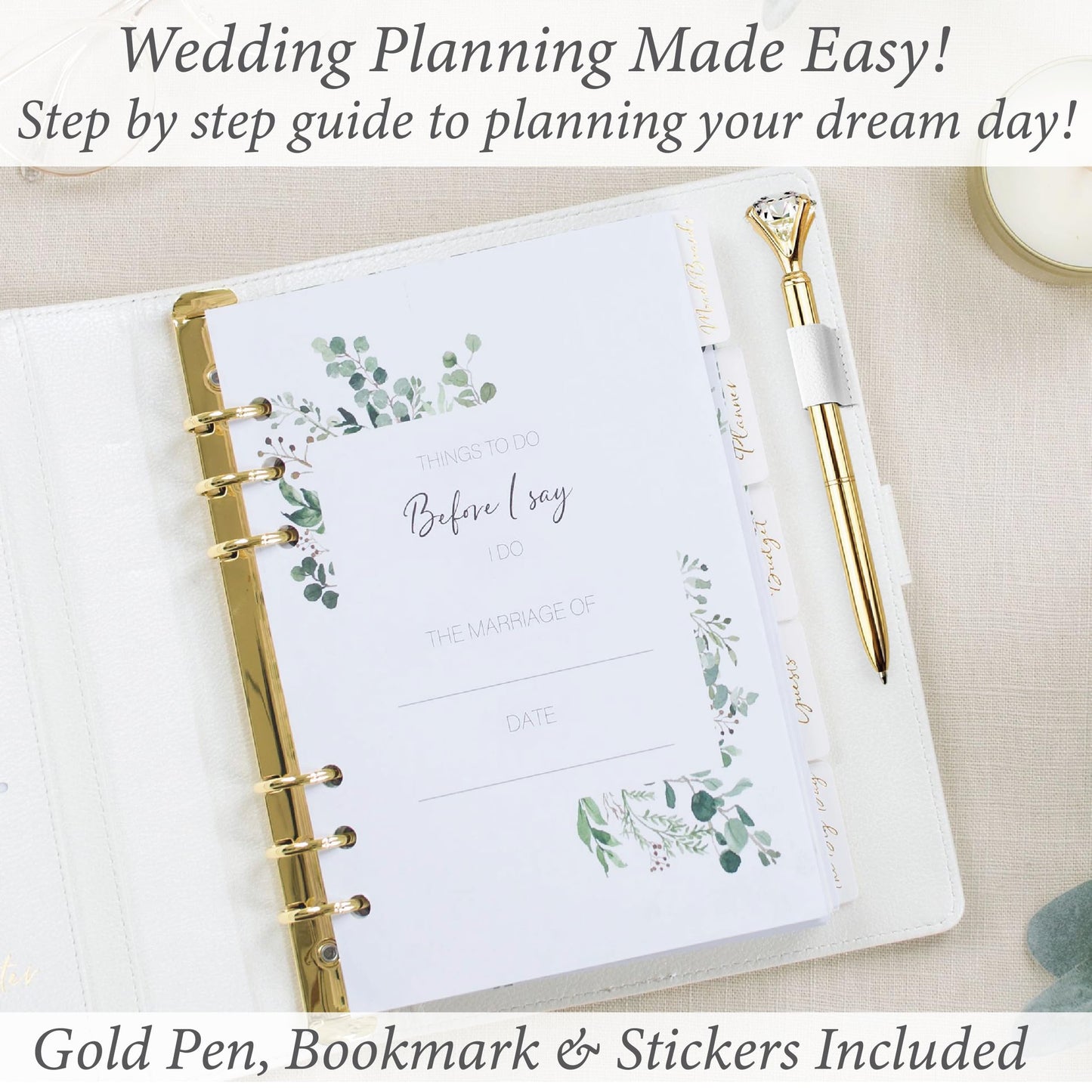 Wedding Planner Book and Organizer for The Bride -Faux Leather, Gold Foil 'Future Mrs' Wedding Binder I Includes Pen, Bookmark & Stickers I Engagement Gifts for Women I Wedding Planning Book Checklist