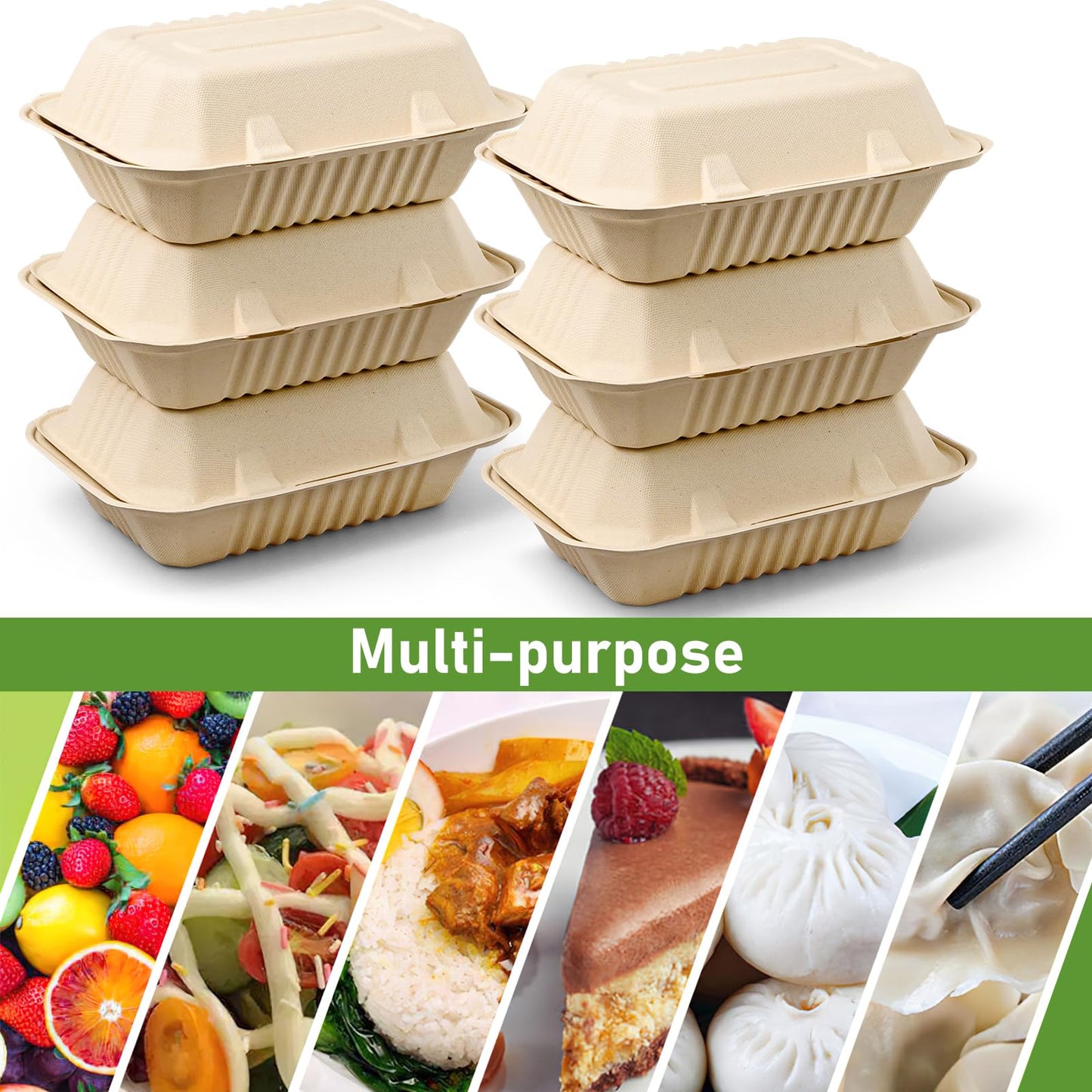 9 x 6 Clamshell Take Out Food Containers - 75 Pack Disposable To Go Containers, Compostable & Biodegradable Made of Sugar Cane Fibers