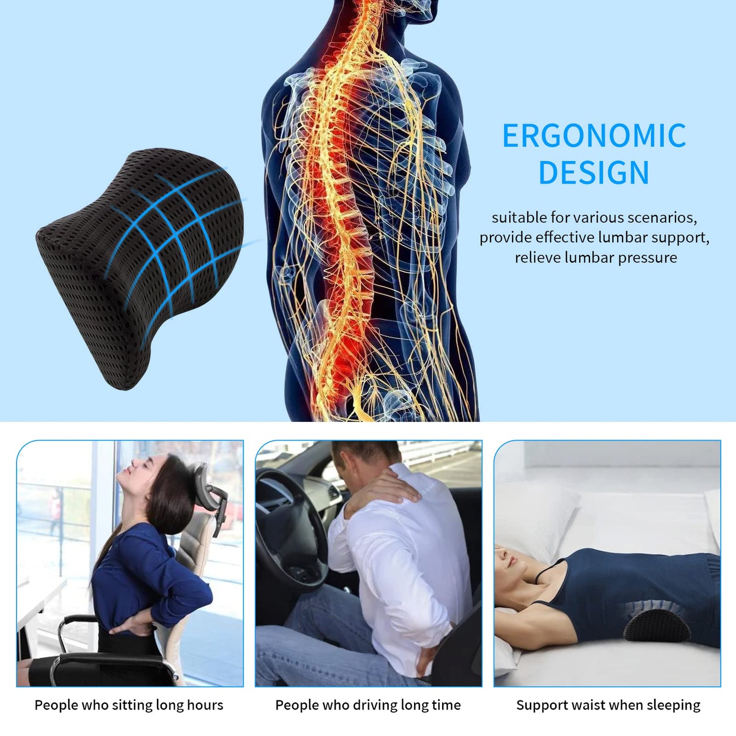 Lumbar Pillow, FOUSUPDT Memory Foam Lumbar Support Pillow for Office Chair and Car Seat, Back Support Pillow for Lower Back Pain Relief, Support Cushion Back Pillow for Sleeping, Driving(Black)