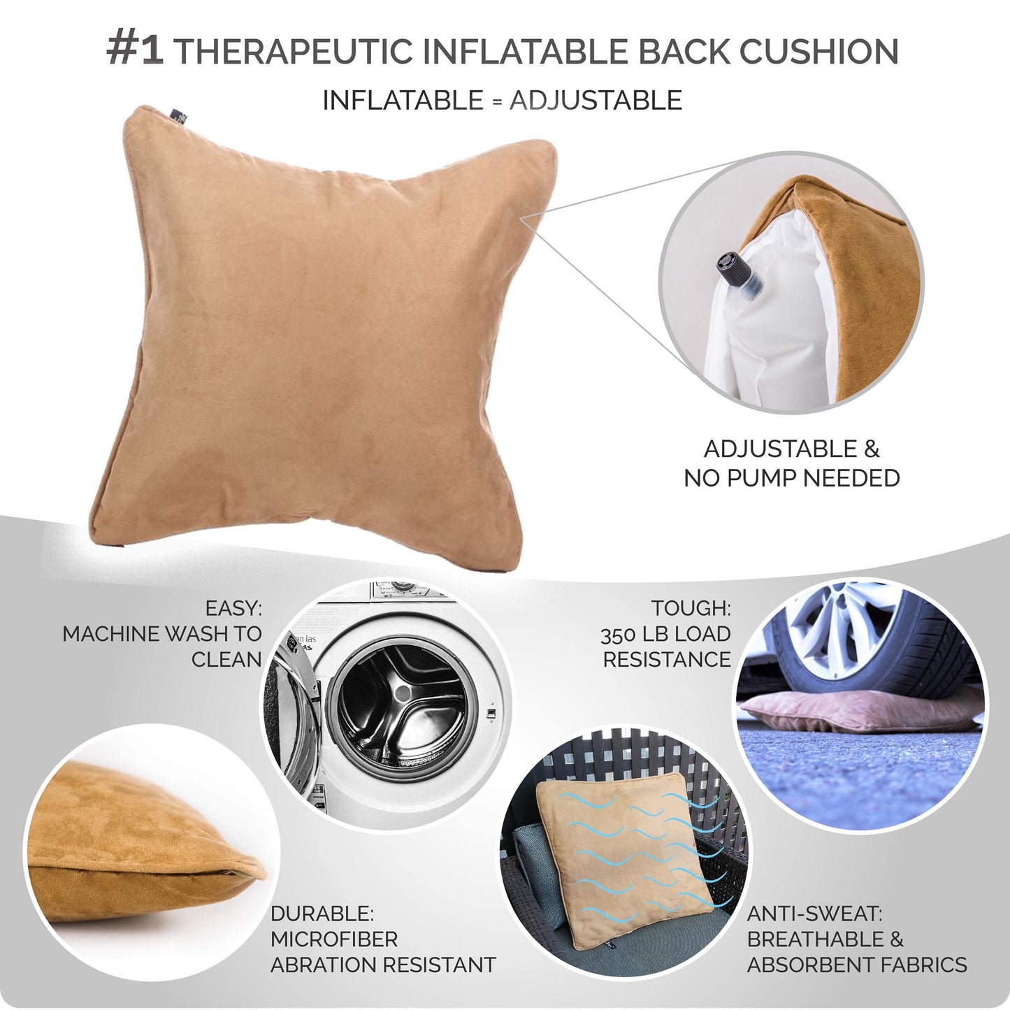 QiPillow - Pain Relieving Lumbar Support Throw Pillows for Couch, 18x18in Inflatable Ergonomic Back Support Square Pillow for Car, Chair and Recliner (Camel)