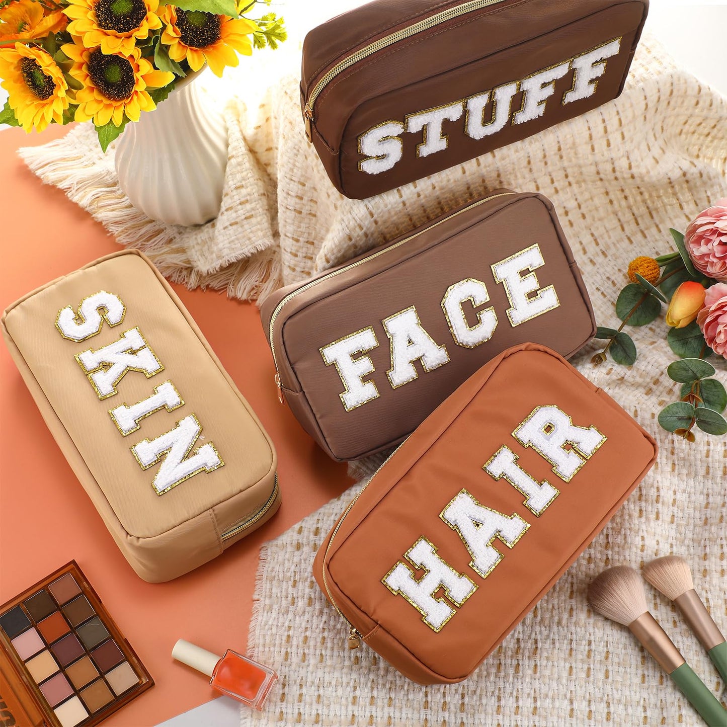 Remerry 4 PCS Nylon Cosmetic Bags Waterproof Spacious Travel Makeup Organizer for Women Chenille Letter Preppy Zipper Pouch Face Stuff Skin Hair Organizer Gift(Brown Series)