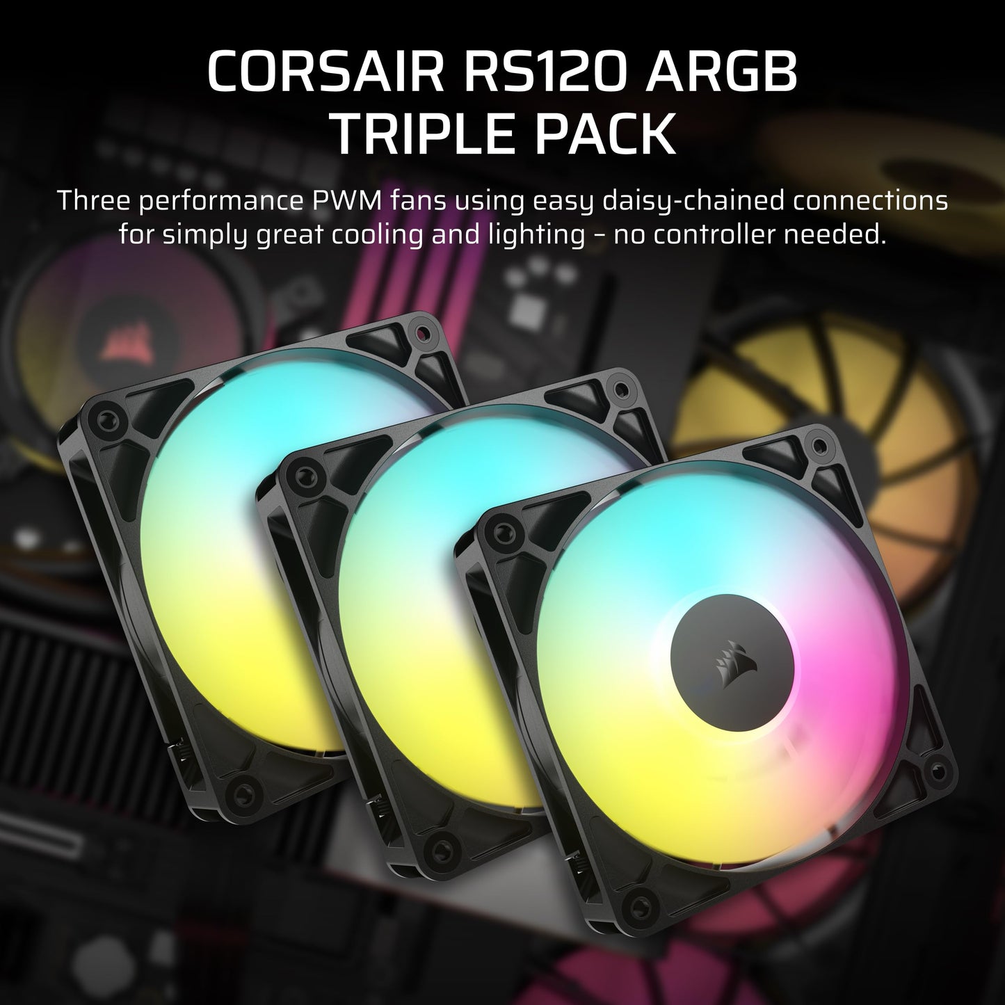 CORSAIR RS120 ARGB 120mm PWM Fans – Daisy-Chain Connection – Low-Noise – Magnetic Dome Bearing – Triple Pack – Black