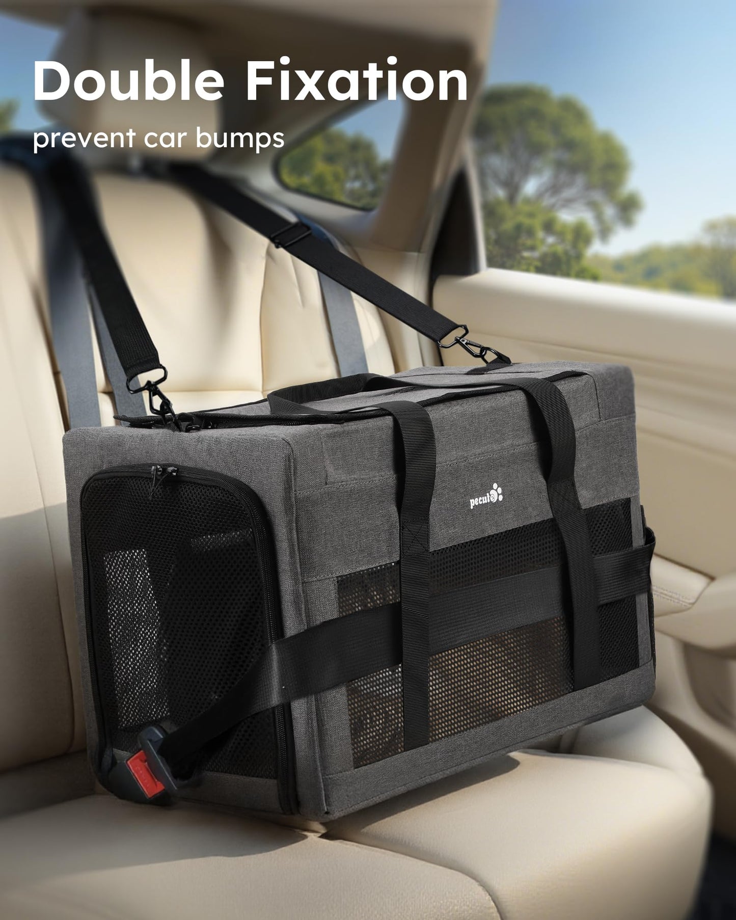 Pecute Cat Carrier 47 * 30 * 33cm, Thickened 5mm Steel Wire Frame, Stable Dog Carrier for Small Dogs, Breathable Foldable Pet Carrier with Sunshade, Suitable for Pets up to 7kg/15lbs (Gray),XL