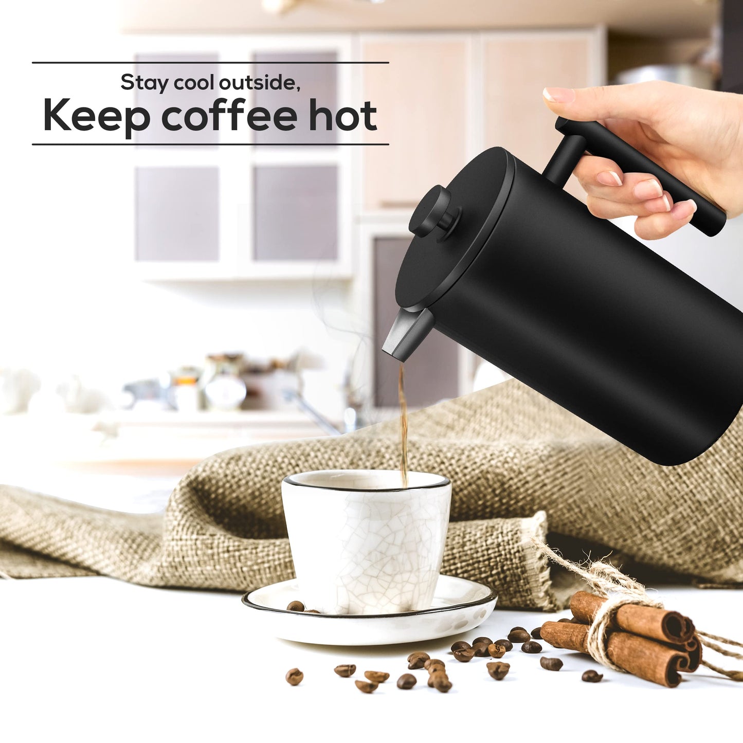 KICHLY - 34 OZ French Press, 100% Stainless Steel Double Walled Insulated Coffee Press with Fine Filters, Espresso & Tea Maker - Black