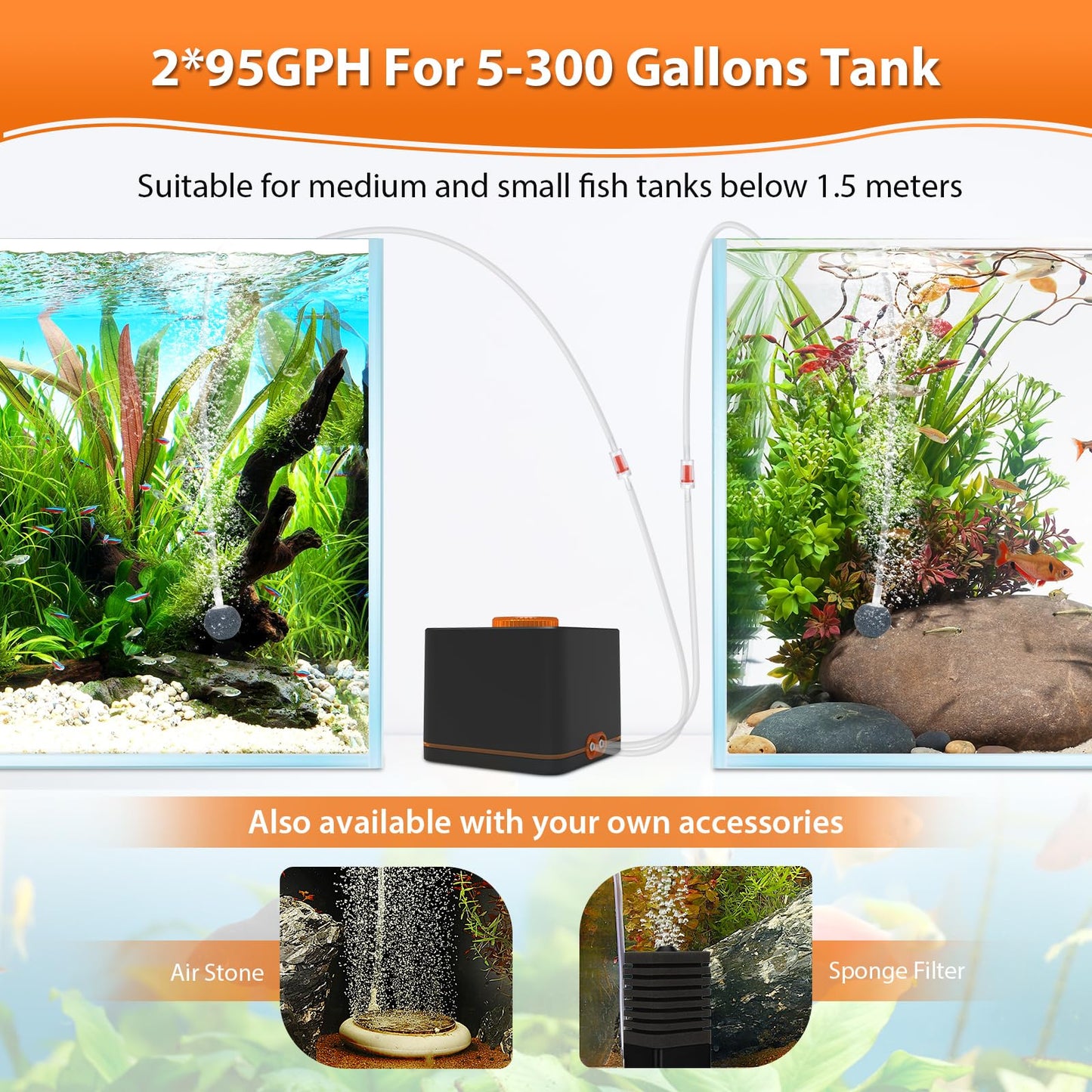 hygger Strong Aquarium Air Pump for Medium Large Fish Tank, Hydroponic Systerm, Household Commercial Use, 1 Outlet(OD-8mm), with Air Tubings, Multi-Head Control Valves