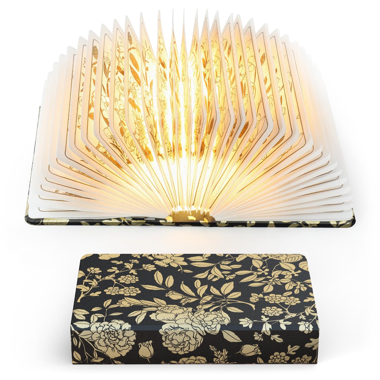 ZBOLE Floral Print Book Light,3-Color Book Lamp Book Lovers Gifts | 1200mAh Portable Foldable Paper Desk Lamp | Night Reading Bookshelf Lamp, Gifts for Women Birthday Ambient Lighting(Black Gold)