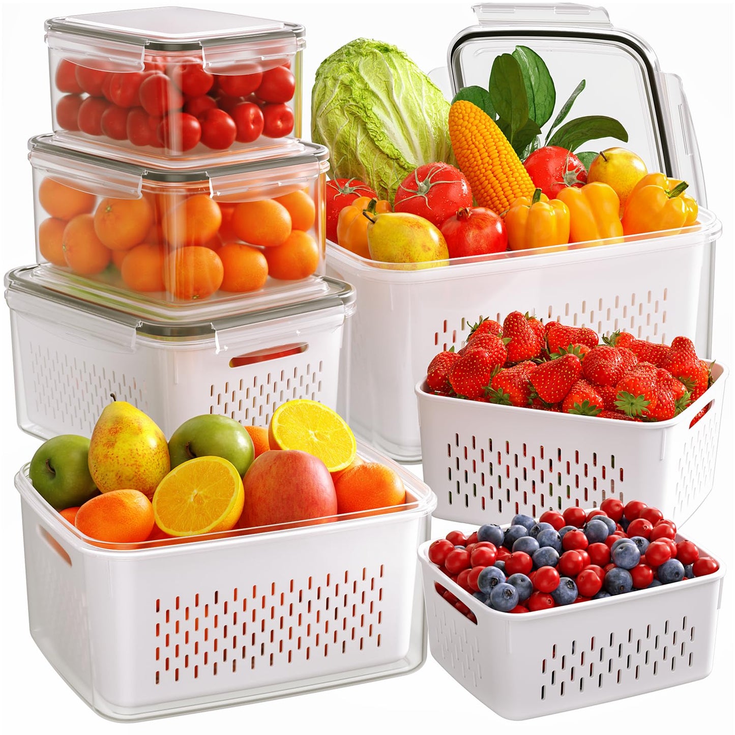 JSCARES 5-Pack Fruit Storage Containers for Fridge with Removable Colanders, 5 in 1 Plastic Fresh Saver Containers BPA Free with Lid for Salad Berry Lettuce Vegetables Meat Keeper (5 Pack)