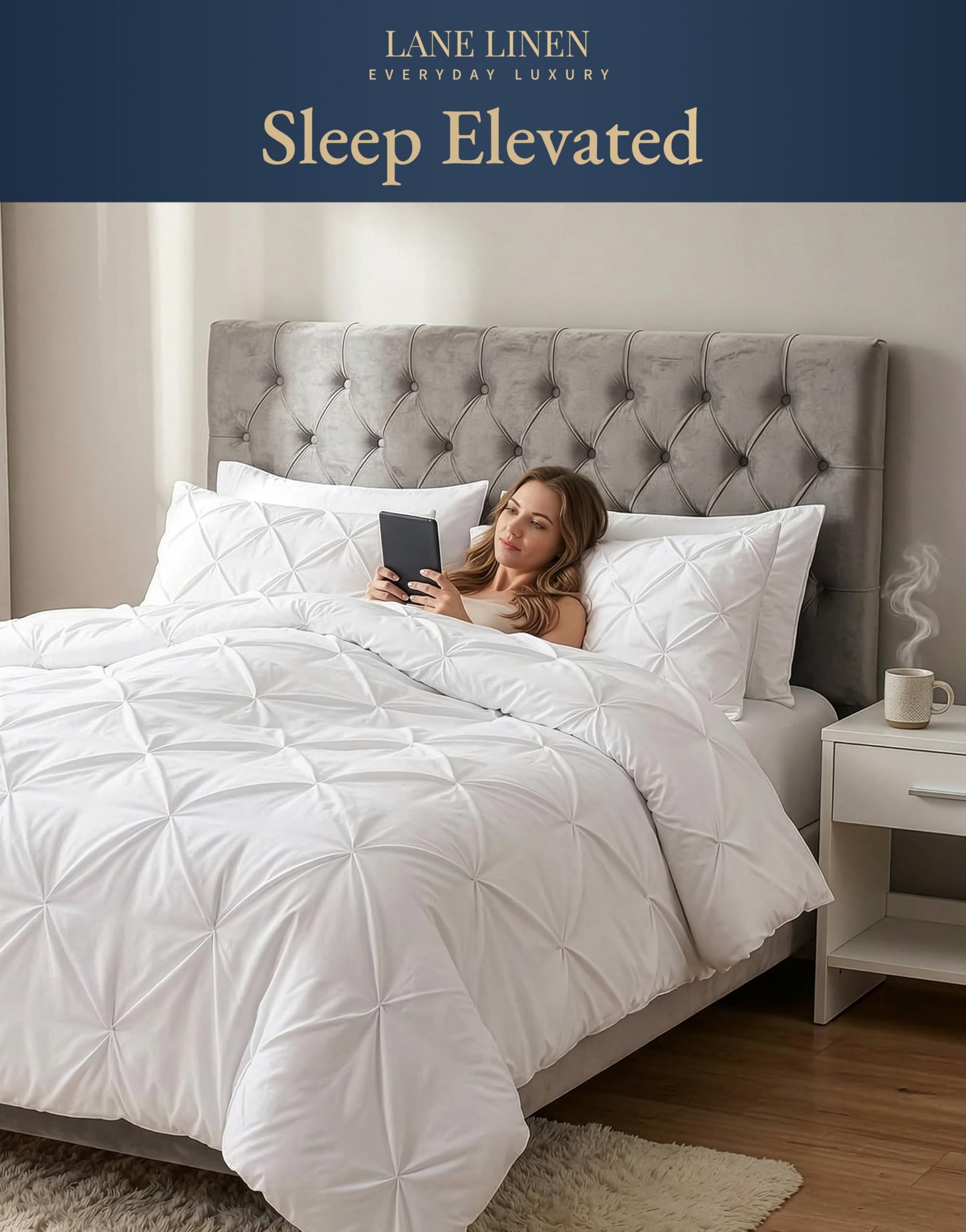 Lane Linen Queen Bed in a Bag 7 Piece - Pintuck Comforter Set with Sheets - Ultra Soft Microfiber Bedding Set, Wrinkle-Free - White