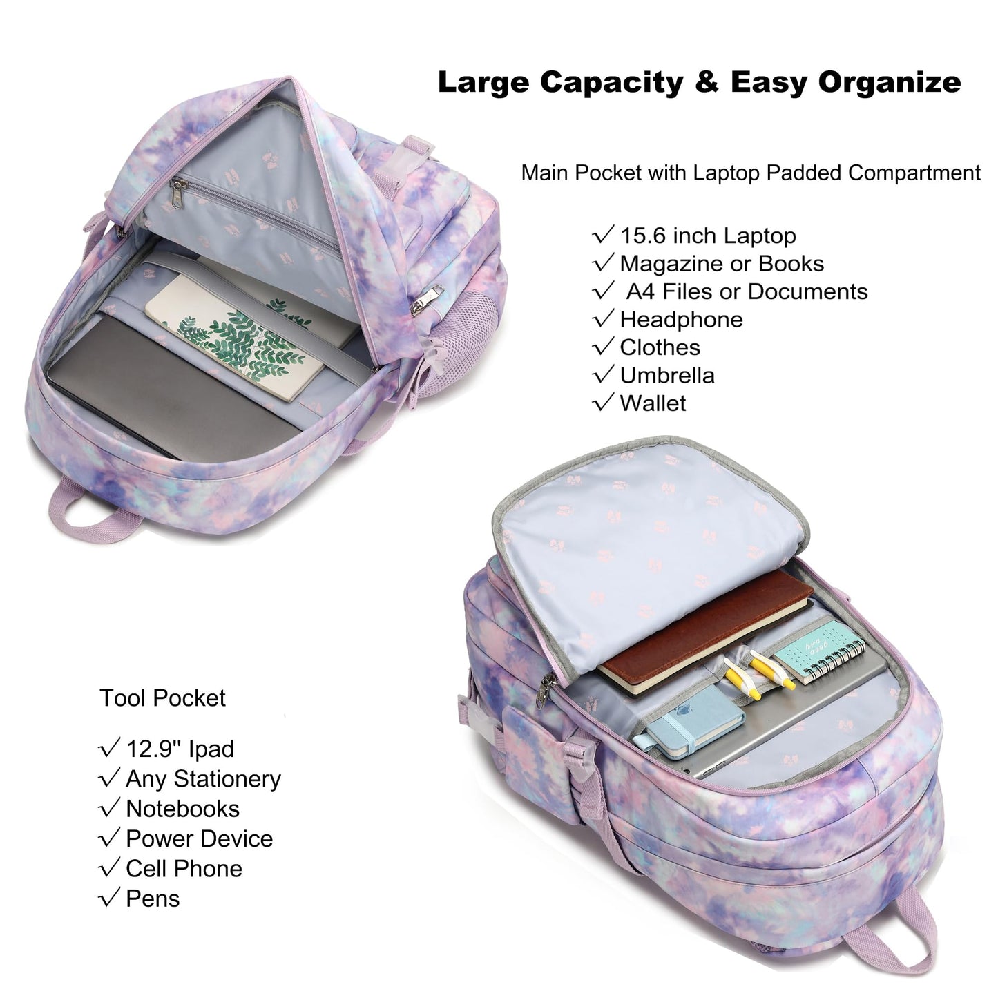 Hidds Laptop Backpacks 16 Inch School Bag College Backpack Travel Daypack Bags Bookbags Daypack for Teens Girls Women, Tie-dye Purple, Large, Daypack Backpacks