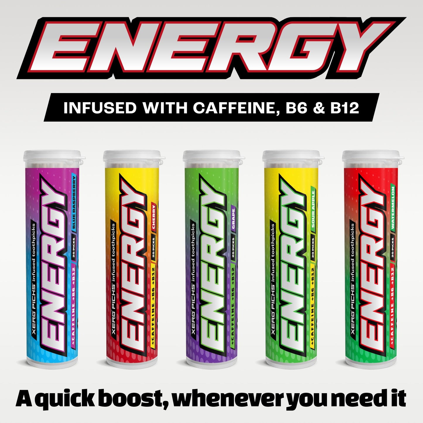 Xero Picks Energy Infused Flavored Toothpicks with Caffeine, B12 & B6-100 Picks (5 Pack Variety)