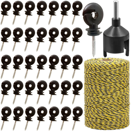 656 Feet Electric Fence Wire with 50 Pcs Electric Fence Insulator, Portable Electric Fencing Polywire Rope Line, 9 Steel Strands with 1 Pcs Insulator Socket Tool