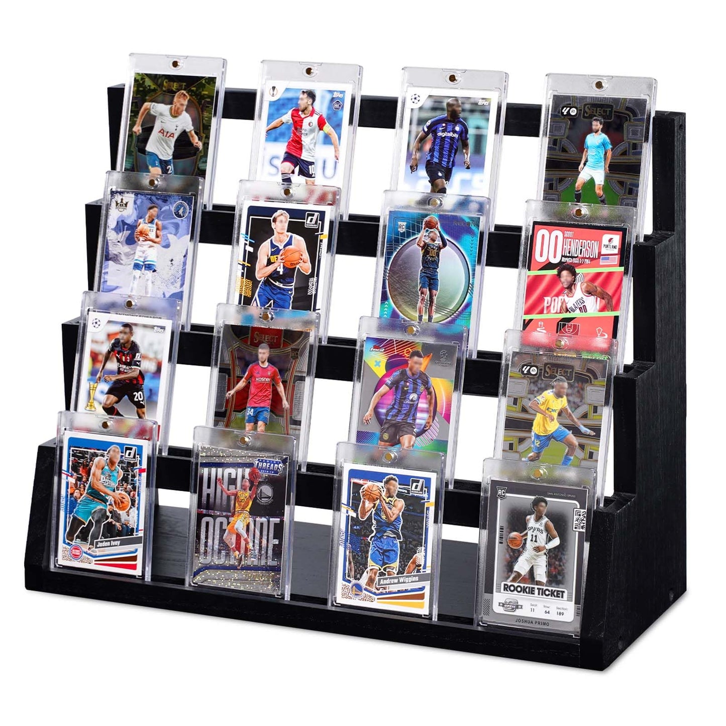 Emfogo Display Stand, 4-Tier Trading Card Display, Wooden Graded Baseball Sports Card Display, Trading Cards Display Case for Collection & Show (Black)