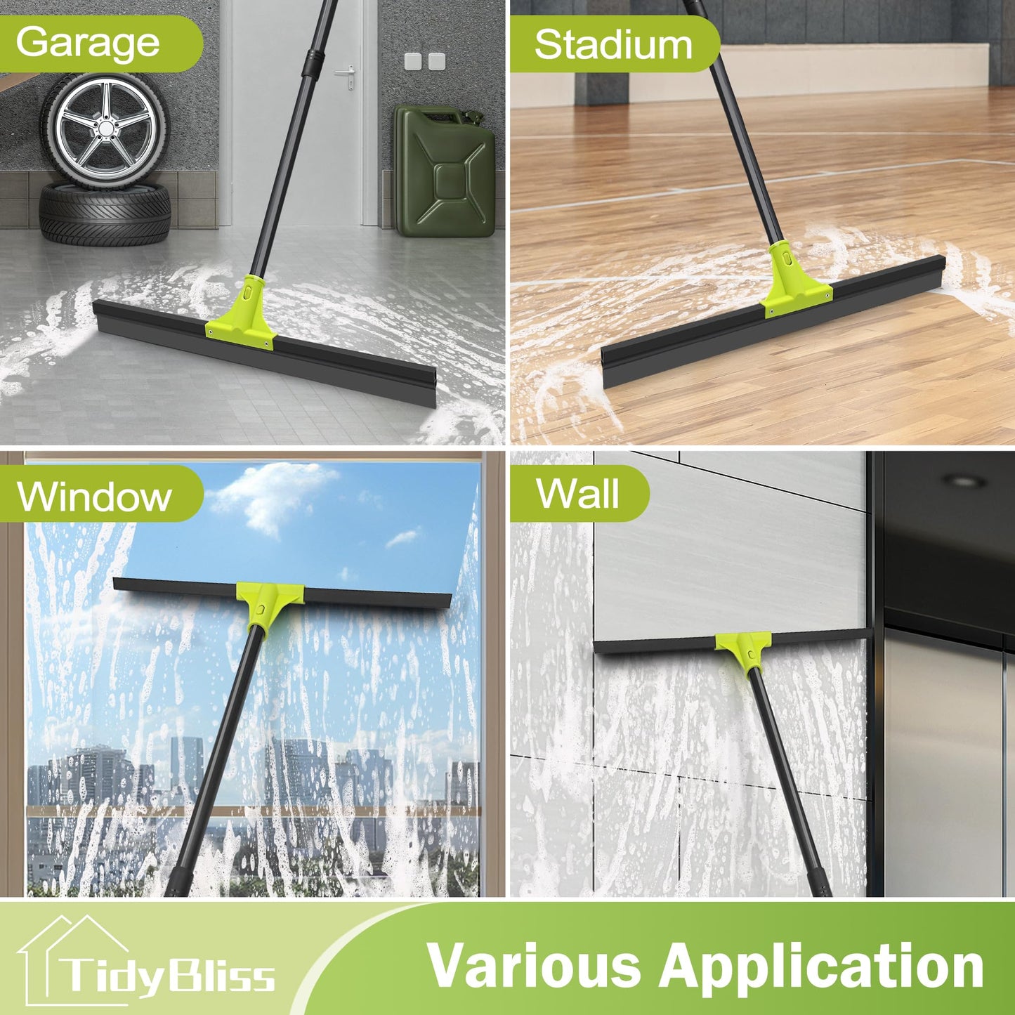 TidyBliss Floor Squeegee Broom, 24 inches Large Heavy Duty Rubber Foam Water Scraper, Epoxy Wiper Mop with 62 inches Long Handle for Cleaning Concrete Pool Rug Garage Deck Shower Window Outdoor Green