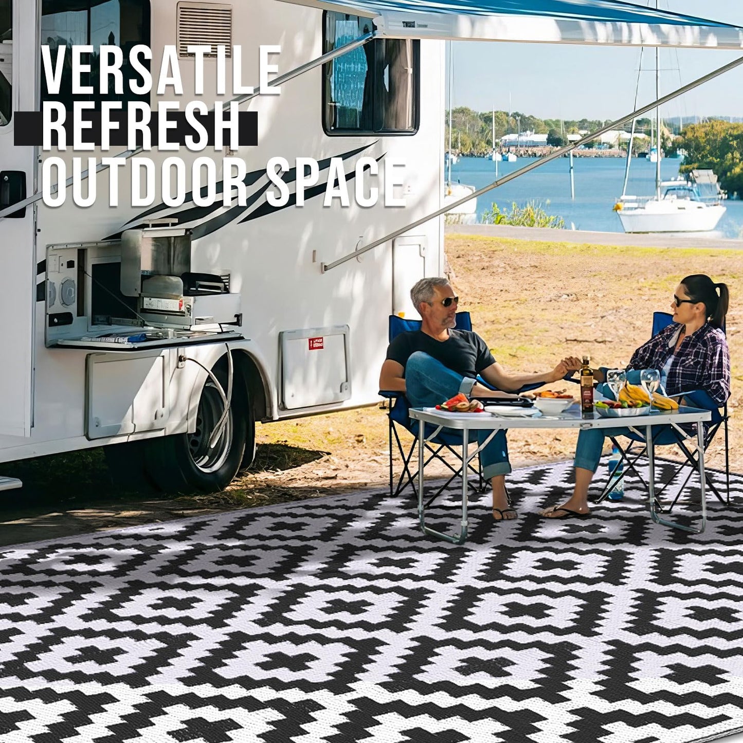 OLANLY Outdoor Rug Waterproof Reversible 5x8 ft, Durable Plastic Straw Patio Camping Carpet, Large Foldable RV Mat for Backyard, Deck, Picnic, Camper, Bench, All-Weather, Lightweight, Black & White