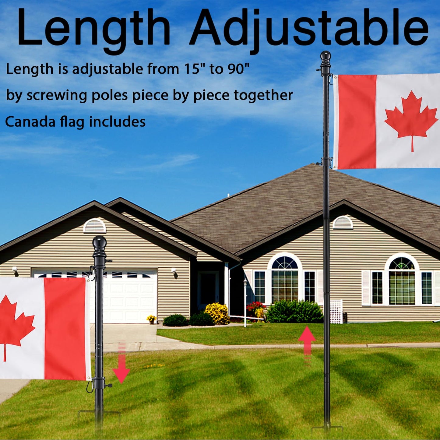 Ground Flag Poles for Outside House inground 2 Pack, 90 inch Black Heavy Duty Flag Pole Kit with 3x5ft Canada Flag, 2 Pronges Base and Tangle Free Flagpole Rings for Outdoor