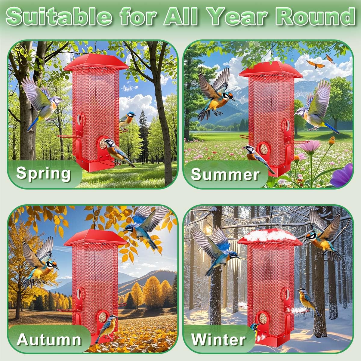 Squirrel Proof Bird Feeder,2.5Lbs Bird Feeders for Outdoors Hanging, Metal Birds Feeder with 4 Feeding Ports, Wild Birds Feeder for Cardinal, Finch, Sparrow (Red)
