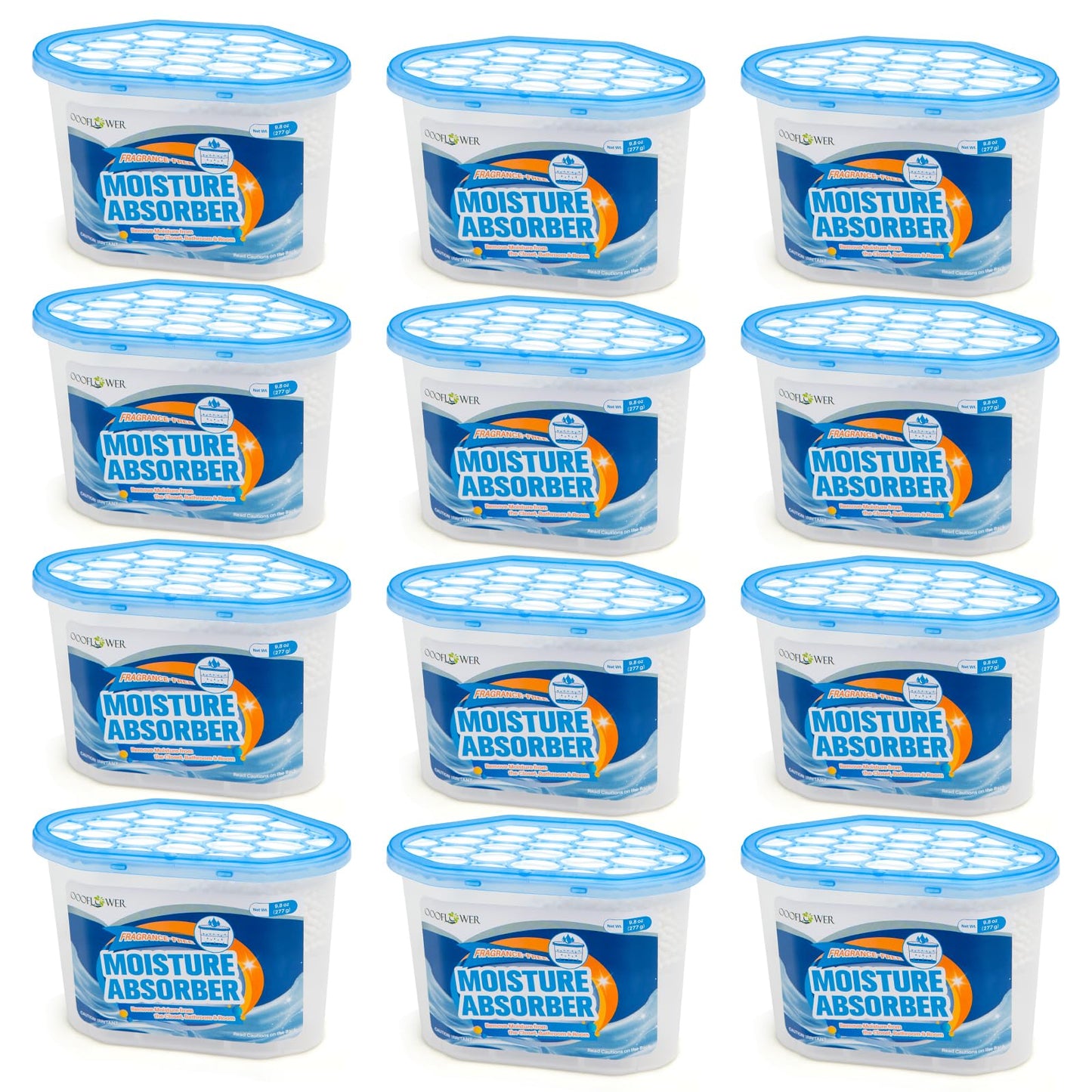 OOOFLOWER Moisture Absorber 12-Pack,Unscented Dehumidifier, Traps Excess Moisture & Humidity for Closets, Bathrooms, RVs, Basements,9.8 oz (277g) Each