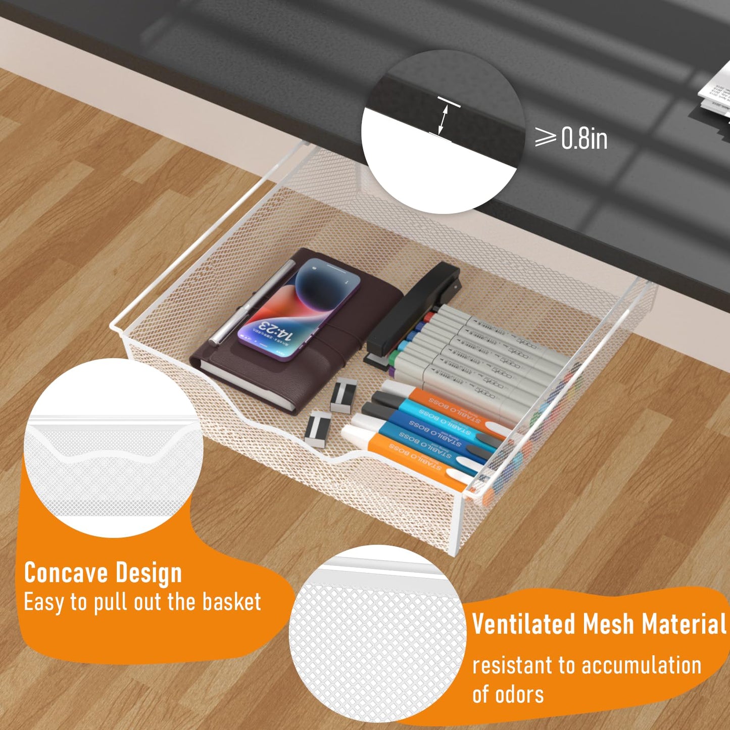 Under Desk Drawer 2 Pack White Under Table Storage Drawers Organizer Adhesive Slide Out Mesh Drawer Under Table Slide Out Hidden Drawer Metal for Home Office