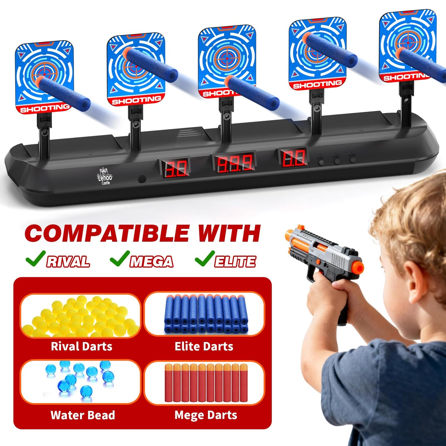Lehoo Castle Nerf Target, 5 Electronic Digital Target for Nerf Guns, Shooting Targets with Auto-Reset, Scoring Target Includes 20 Bullets, Hand Wrist Bands, Stickers, Gift for Boys Girls