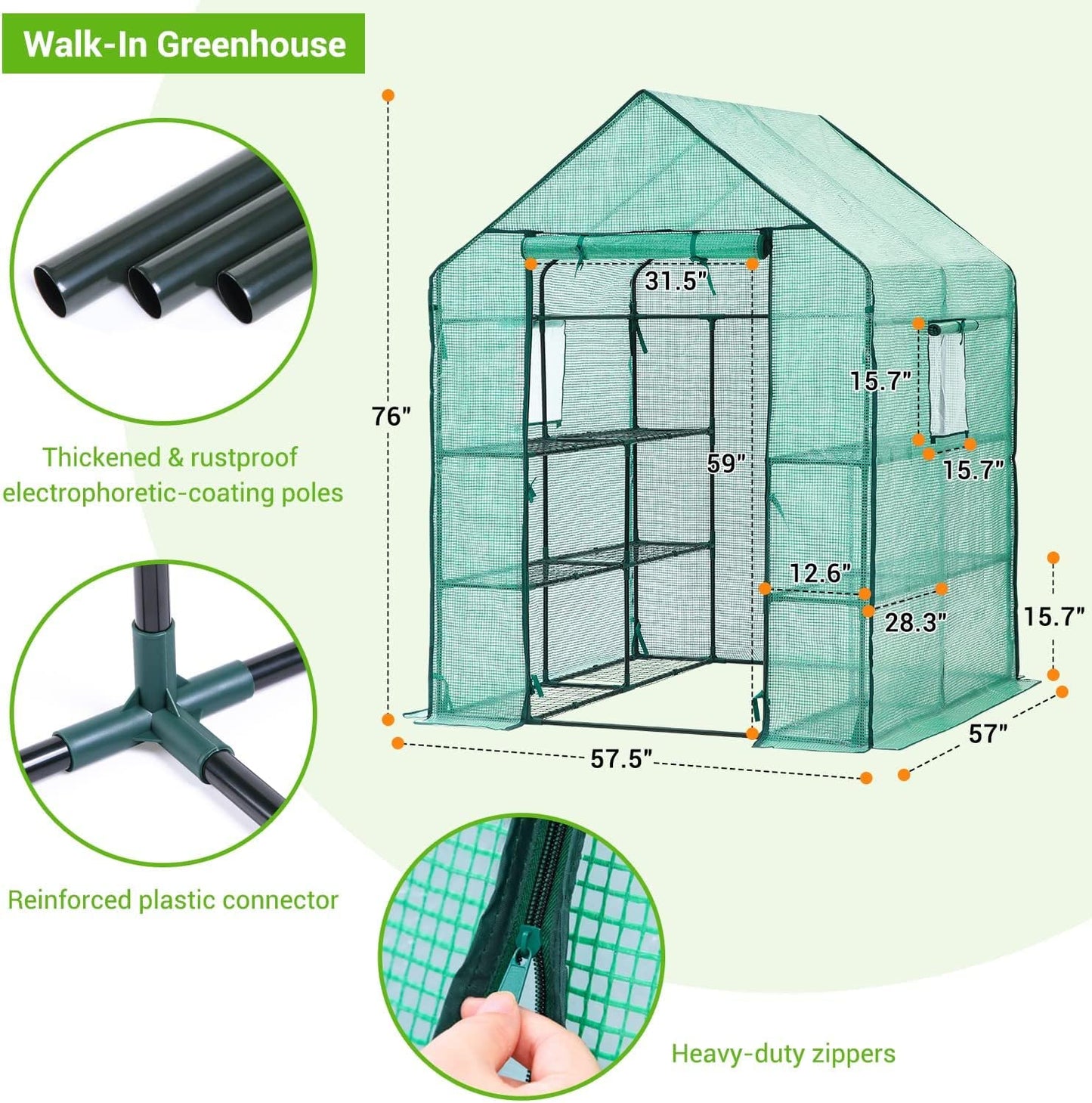 57.5" x 57" x 76" Greenhouse for Outdoors with Observation Windows, Ohuhu Large Walk-in Plant Greenhouse, 3 Tiers 12 Shelves Stands Green House with Ground Pegs & Ropes for Stability, 4.8x4.8x6.3 FT