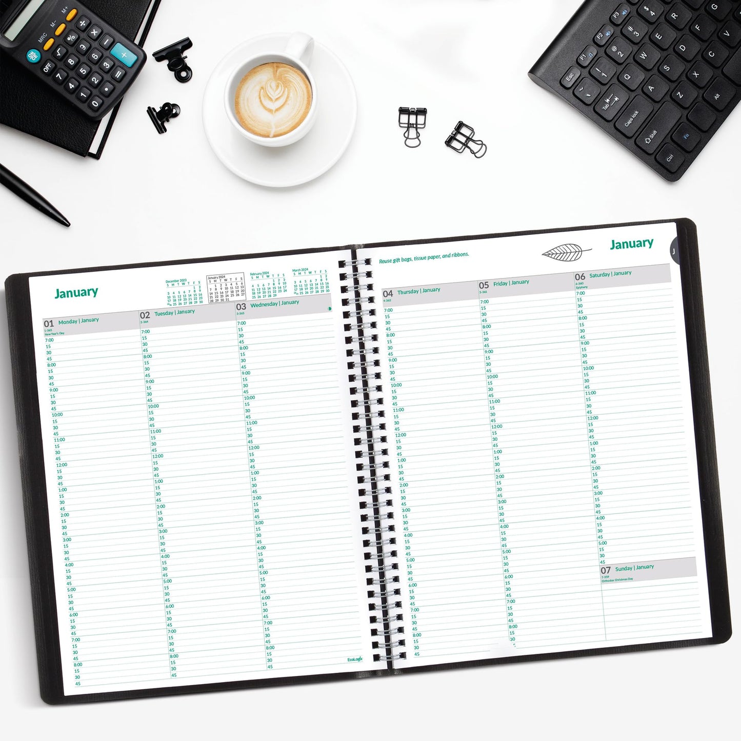 Brownline 2024 EcoLogix Weekly Planner, Appointment Book, 12 Months, January to December, Twin-Wire Binding, 11" x 8.5", Black, Recycled (CB425W.BLK-24)