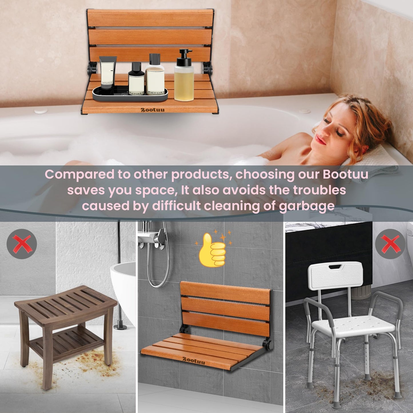 18" Teak Folding Shower Seat Wall Mounted,Fold Down Shower Bench for Small Shower Space, Home Care Teak Wood Seat for Inside Shower