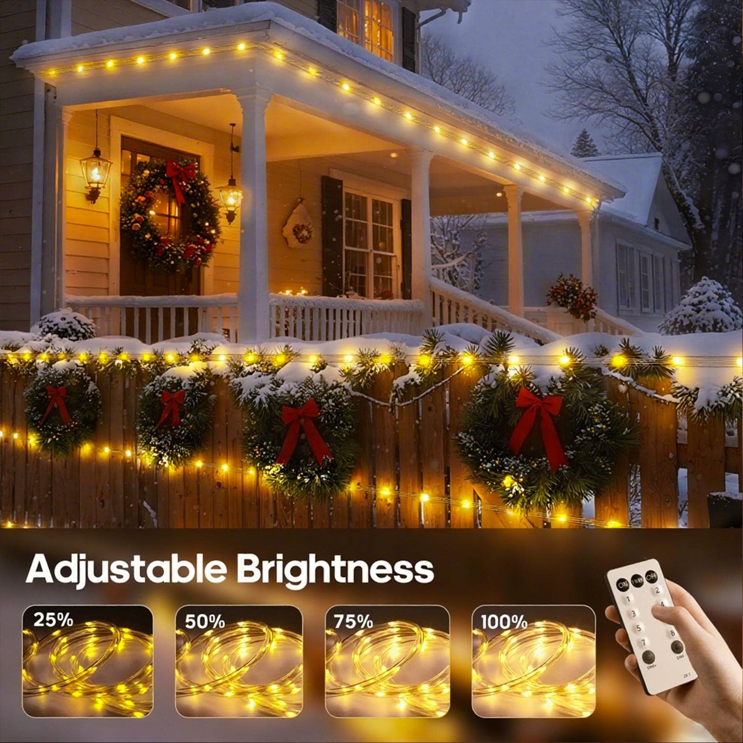 100FT 720 LED Christmas Rope Lights Outdoor Waterproof with Remote, 8 Modes and 4 Brightness, Rope Lights for Outside, Bedroom, Patio, Garden, Indoor Outdoor Decoration (Warm White)