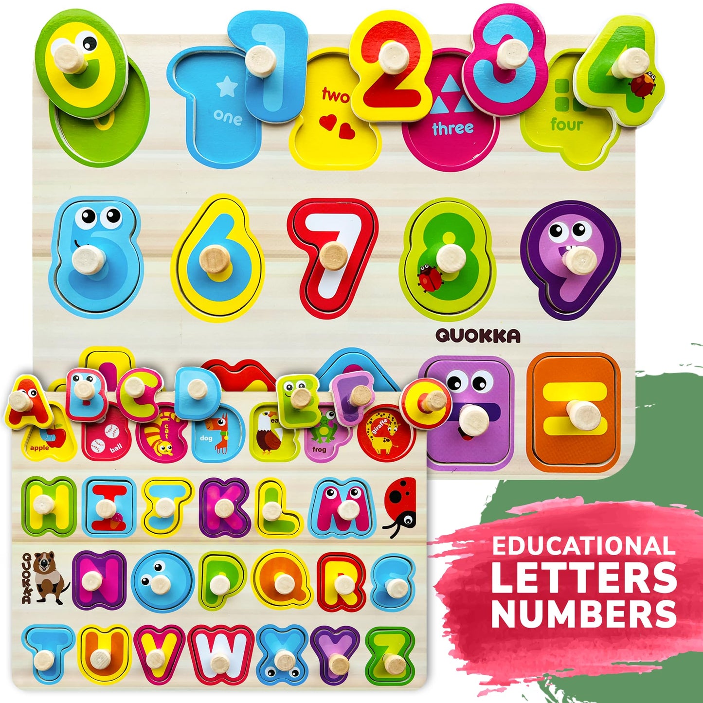QUOKKA Wooden Puzzles for Toddlers 1-3 - 6 Alphabet Toddler Puzzles 3-5 Years Old - Gift ABC Learning Toys for Boys and Girls - Wood Pegged Games Kids 2-3