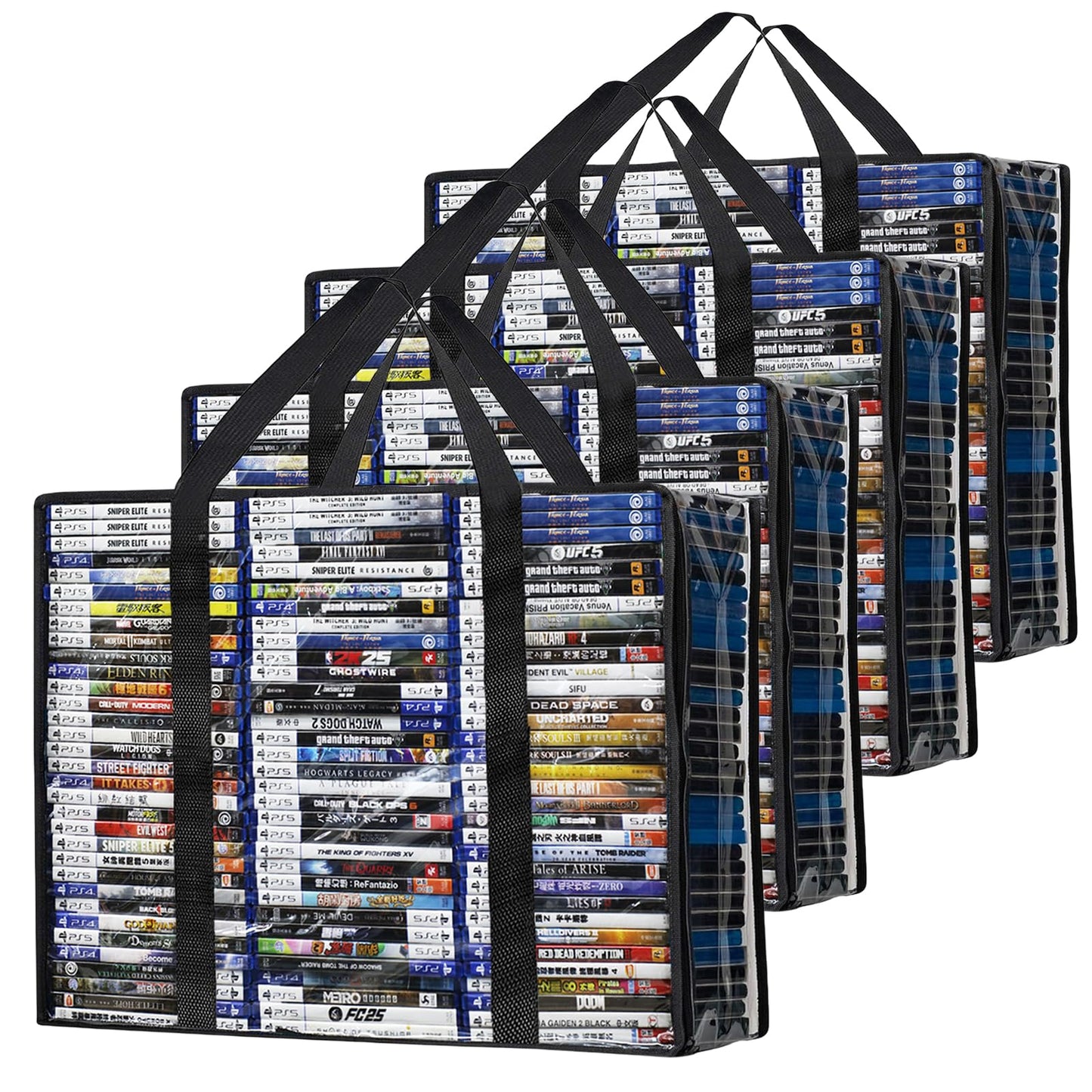 PUTNATRUE DVD Storage Bags, 4 Pack High Clear Bags Hold 280 DVDs Cases (70 Each), Thickened Plastic Organizer with Reinforced Handles for Media, Quilt, Pillow & Clothes Storage