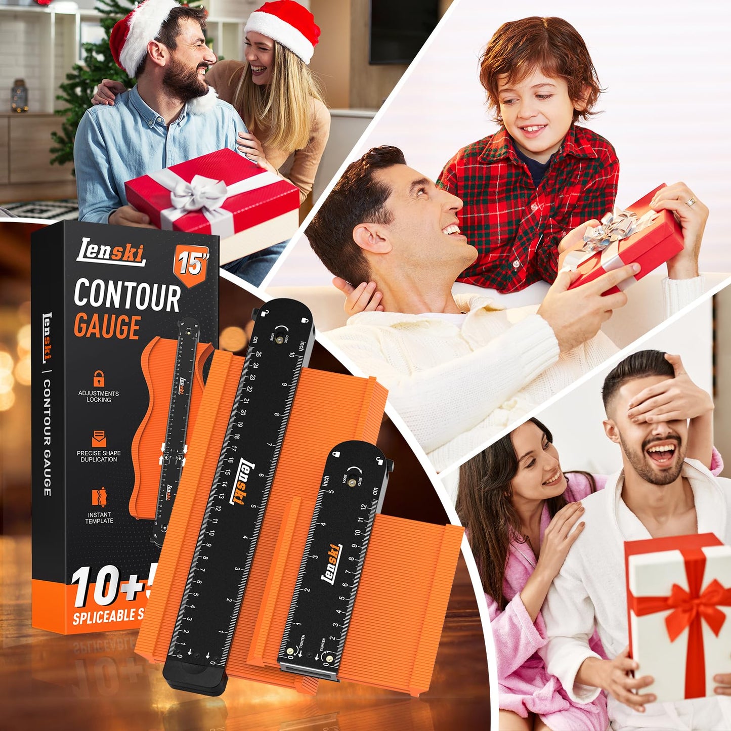 Lenski Fathers Day Gift Ideas Contour Gauge Tool with Lock 10+5 Inch, Super Gauge Shape and Outline Gifts for Men, Woodworking DIY Tools for Men Husband Dad