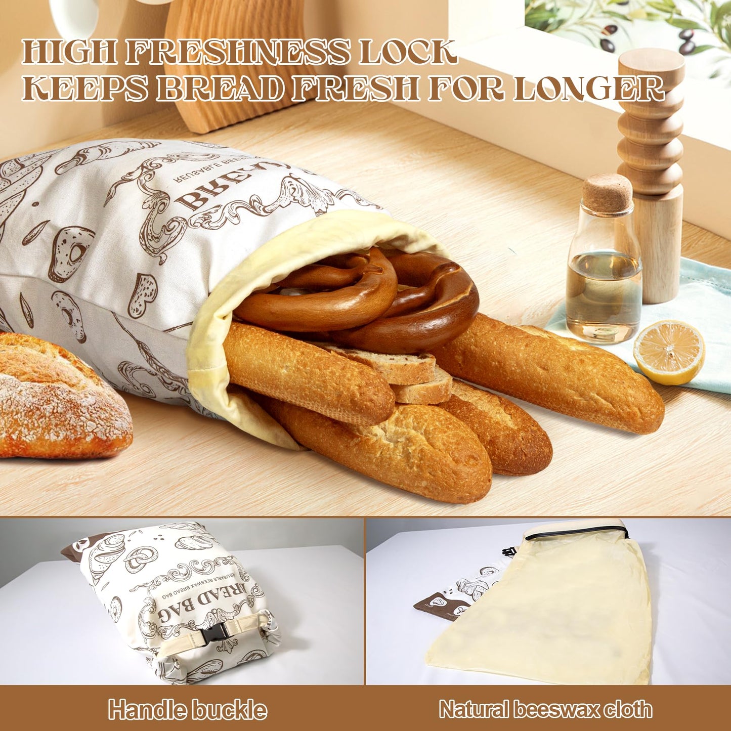 2 Pcs Beeswax Bread Bags,With Buckle Reusable Bread Bag,Large Capacity for Homemade Bread,Sourdough Bread Bags,Cotton Beeswax Bag for Fresh Bread Storage