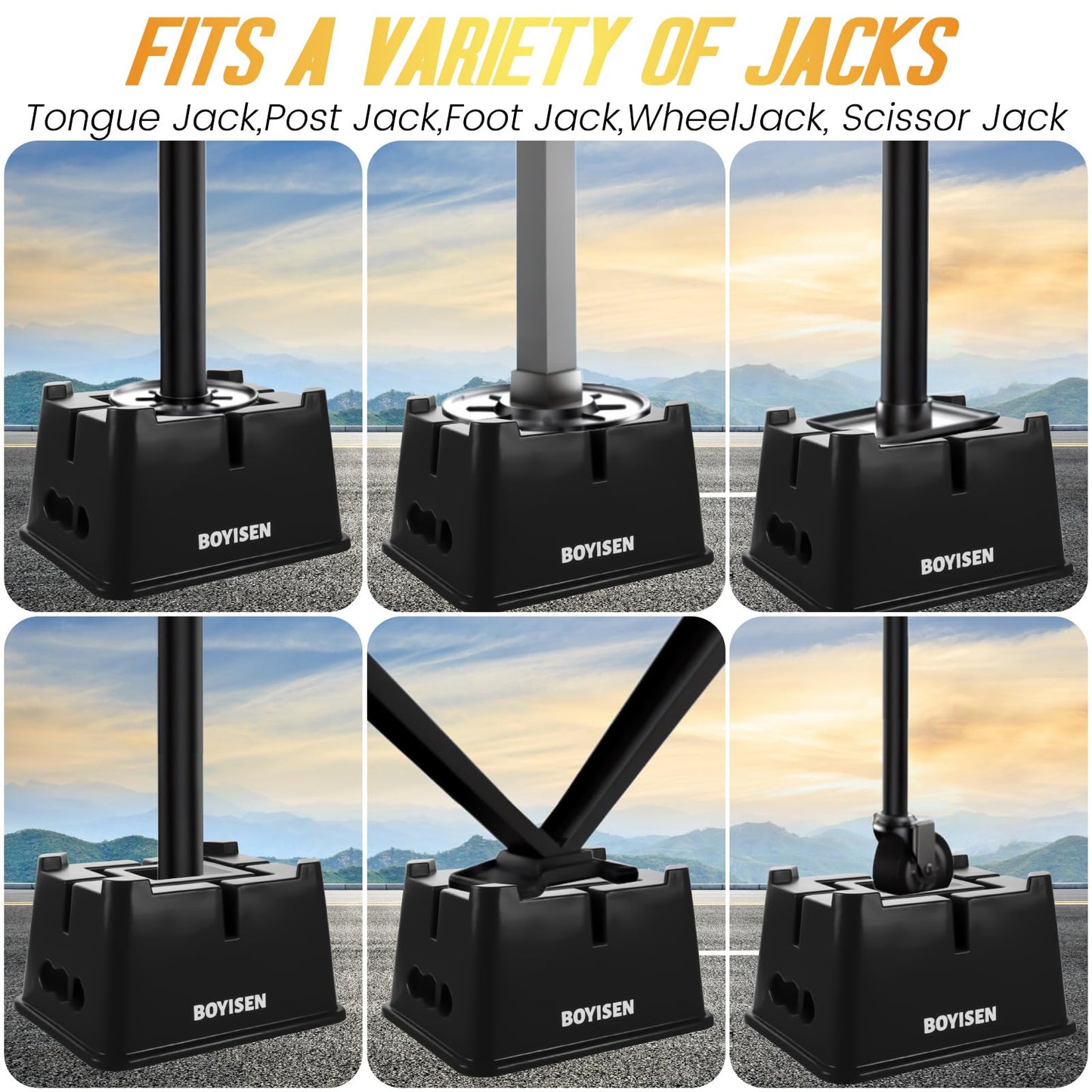 BOYISEN Trailer Jack Block - Universal RV Jack Blocks Trailer Stabilizer Blocks W/ 16,000lbs Capacity Tongue Jack Stand for Travel Trailer RV Camper Easy Carry Handle (Black)