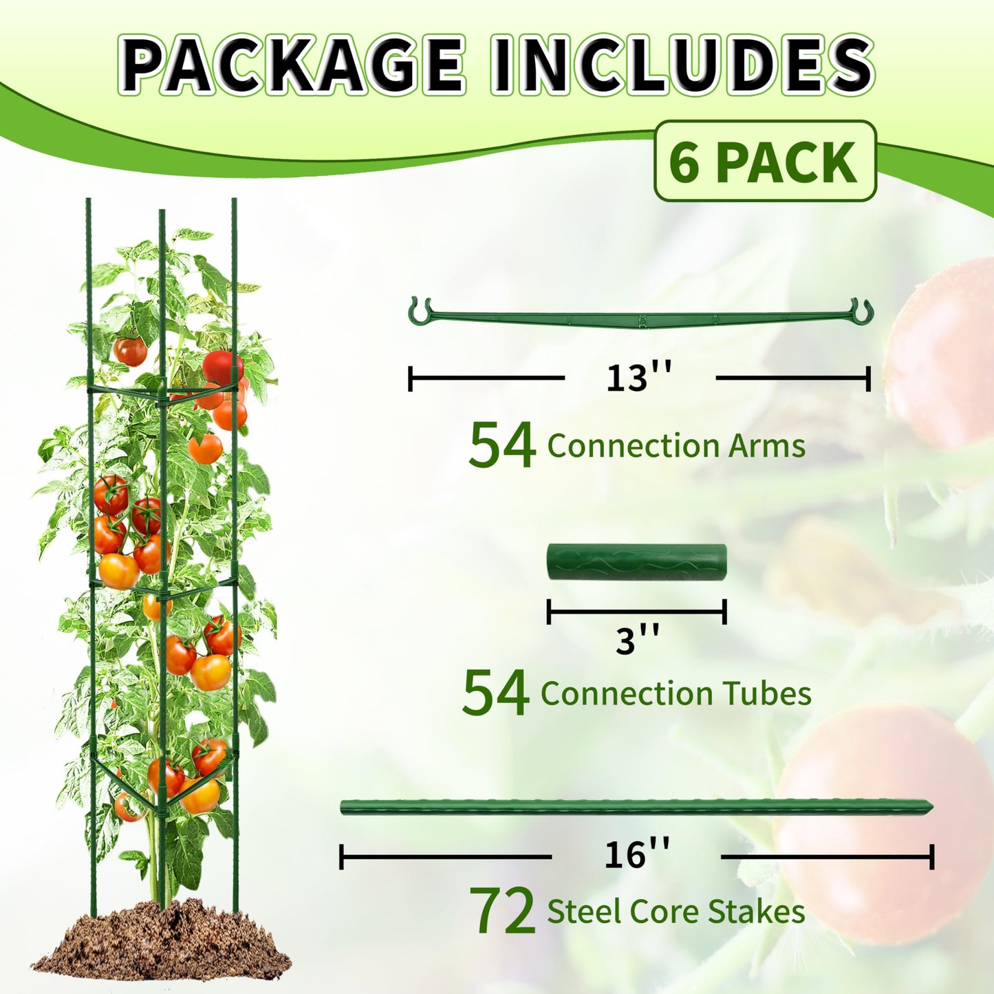 6-Pack 63-Inch Adjustable Tomato Cages, Heavy-Duty Metal Plant Support Trellis for Garden and Pots, DIY Tomato Stakes, Height Adjustable 16 to 378 Inches