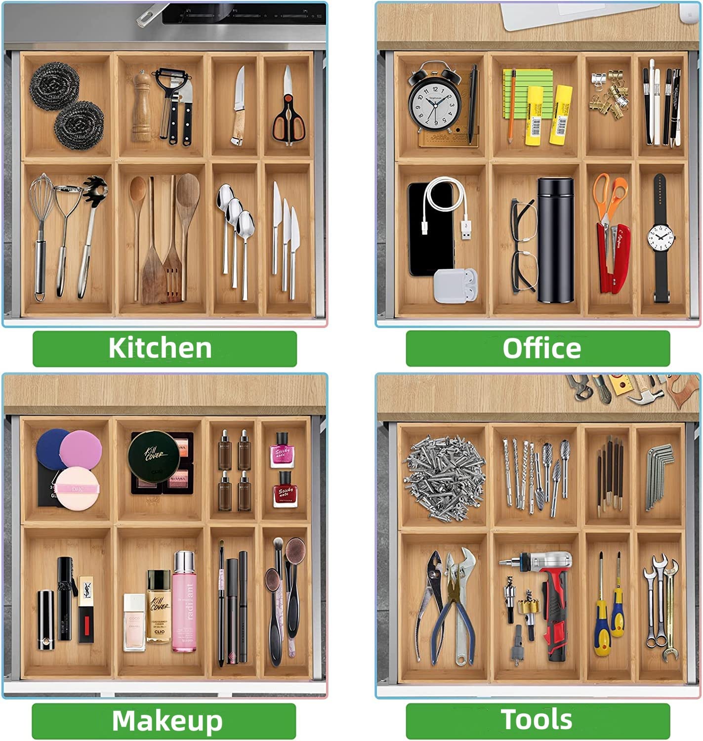 ROLiGHTiC 8 Pcs Bamboo Drawer Organizer Utensil Tray Kitchen Storage Box 4-Size Multi-Use Dividers Cutlery Holders Bins Containers for Kitchen, Bathroom, Office Desk, Makeup, Jewelry, Dresser, Pantry